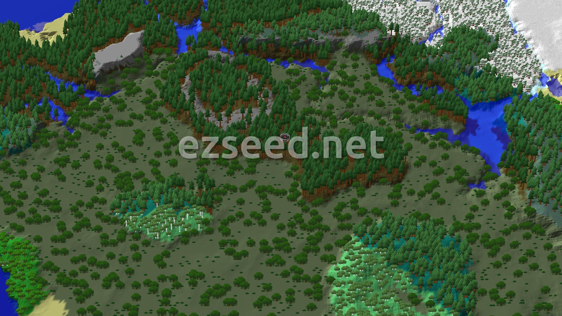 An aerial view of a mostly flat, green landscape dotted with pine trees, with a winding blue river to the north and snow-capped peaks in the distance.