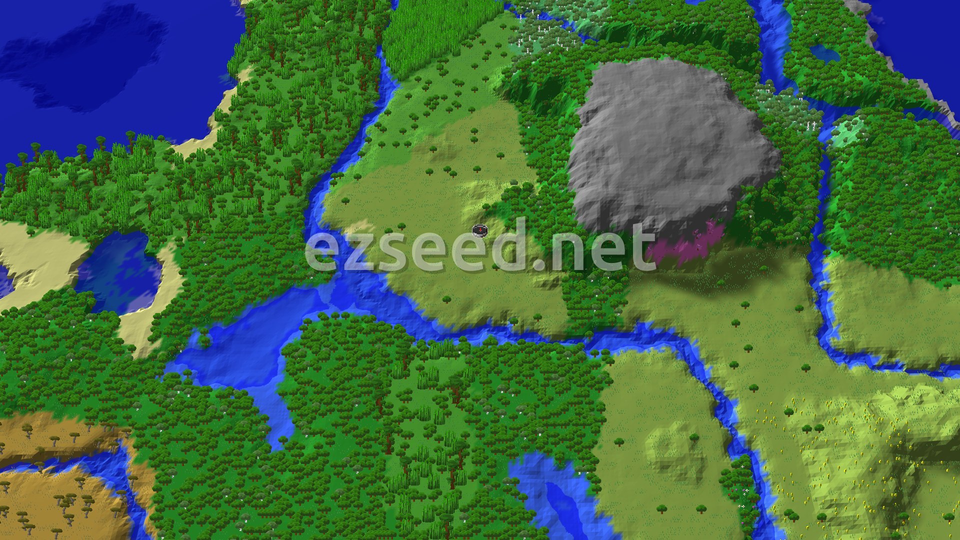 A grassy plains clearing ringed by rivers and dense forest, with a grey rocky outcrop to the east and sandy shores and ocean to the west.