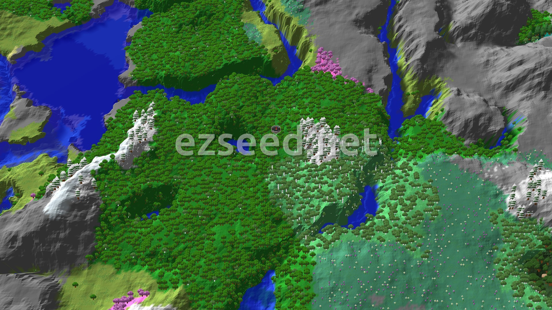A dense green forest fills a basin, with gray rocky ridges to the east, snow-dusted spruce on the western slopes, a blue lake to the northwest and a pink cherry grove at the top edge.