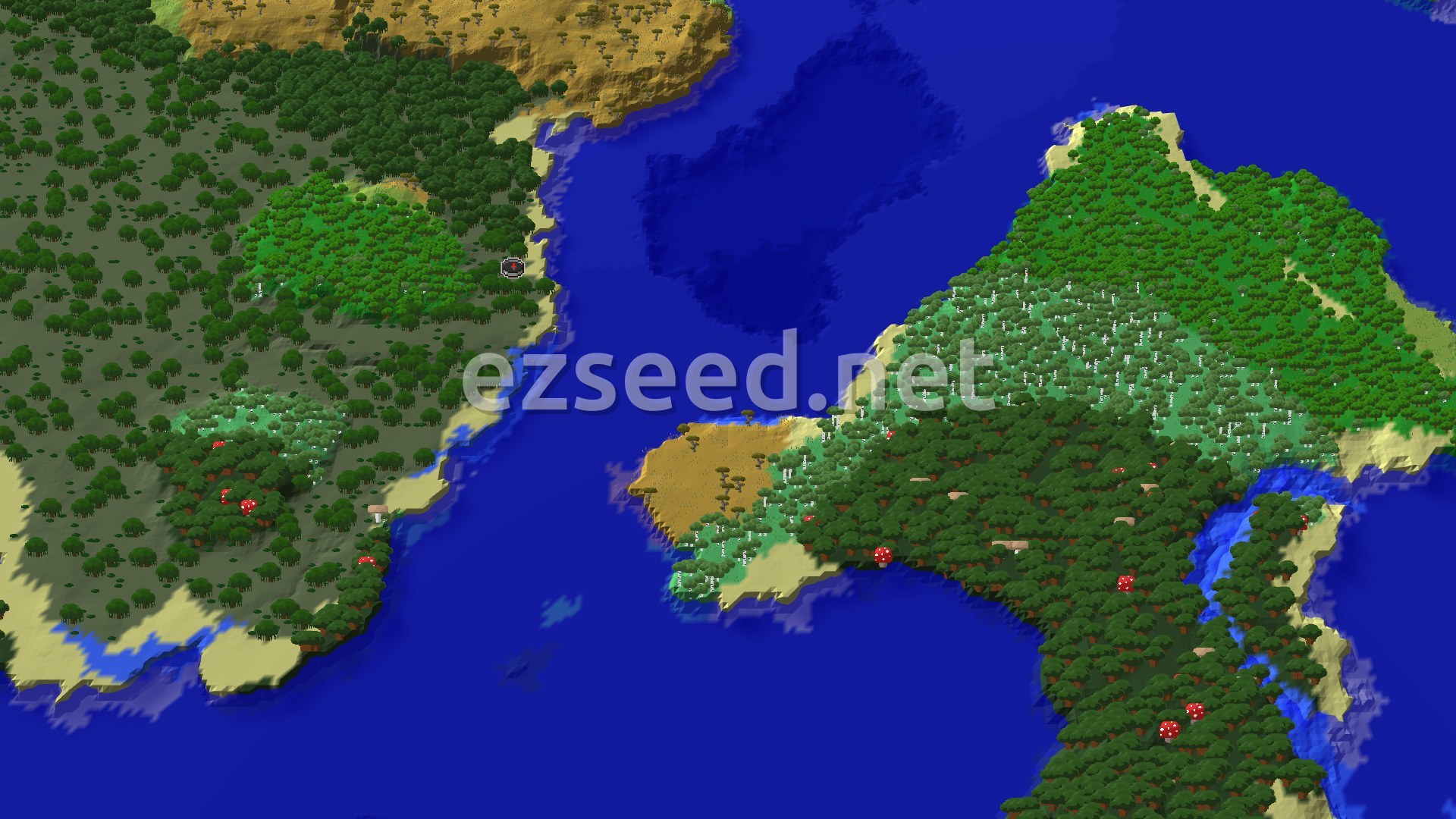 An aerial view shows a vast, green forested landscape with a winding river and patches of lighter-green swamp, bordered by sandy beaches and deep blue ocean. Several small, red-capped mushrooms dot the darker forest areas.