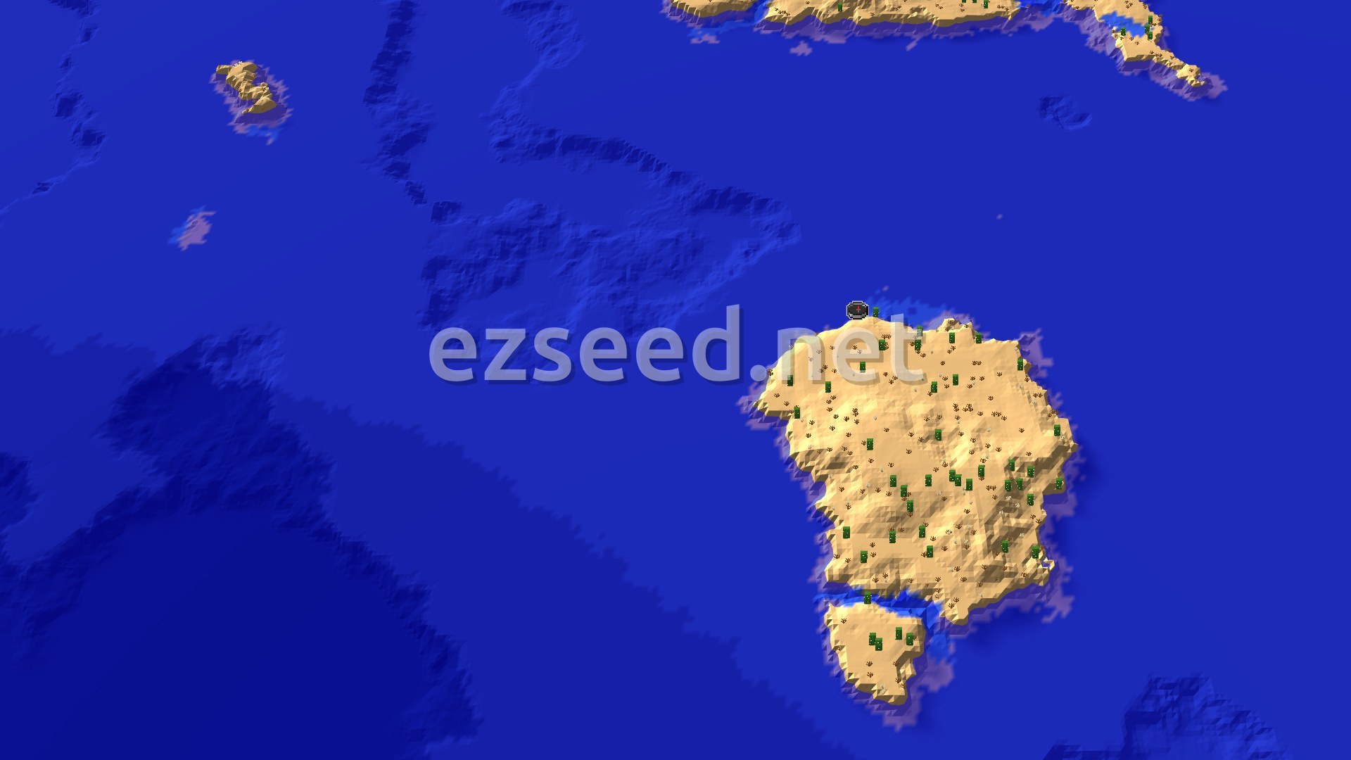 An aerial view of a large desert island, sparsely dotted with green vegetation, surrounded by deep blue ocean. A small spawn marker is visible near the center of the island.