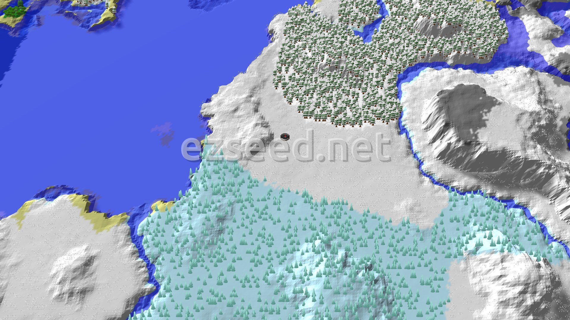 Aerial Minecraft seed map — Ice Spikes with a Ruined Portal
