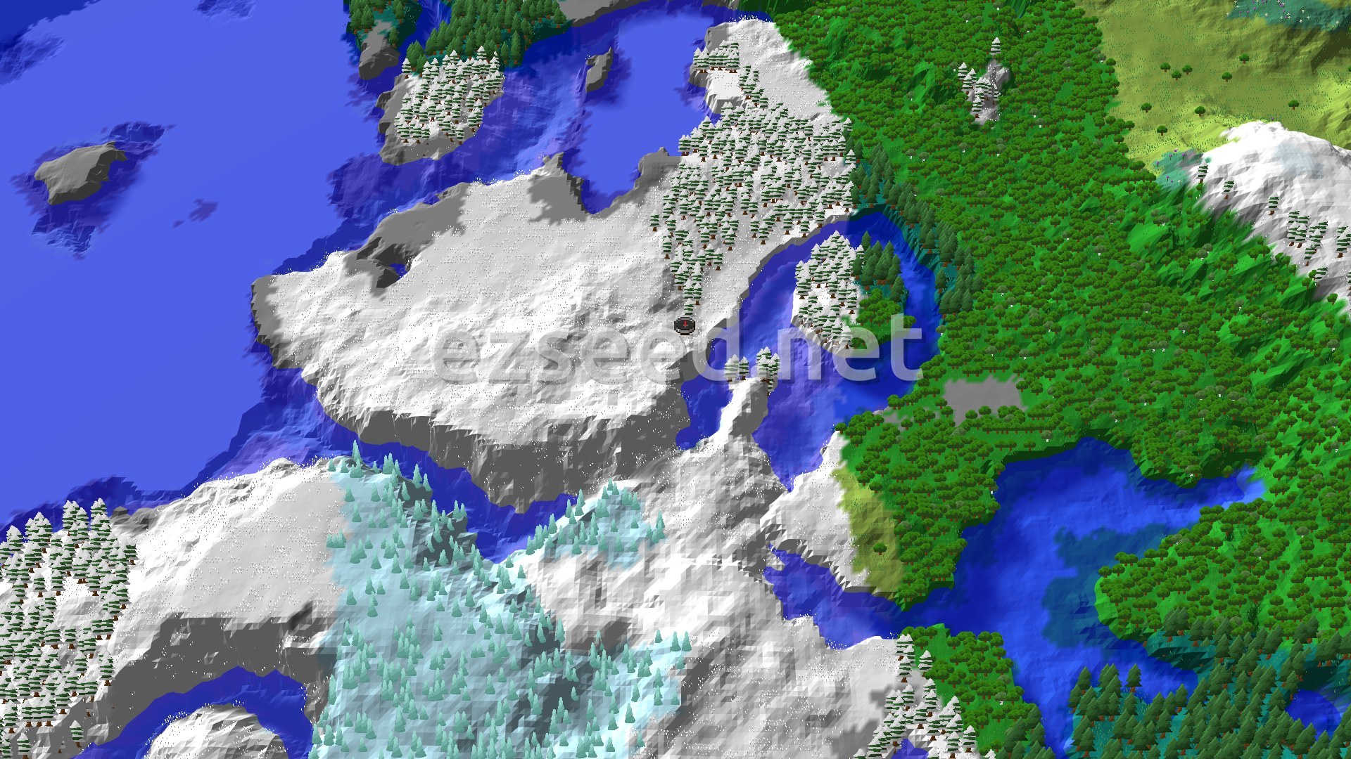 Aerial Minecraft seed map — Ice Spikes and a Snowy Village Beside Frozen Rivers
