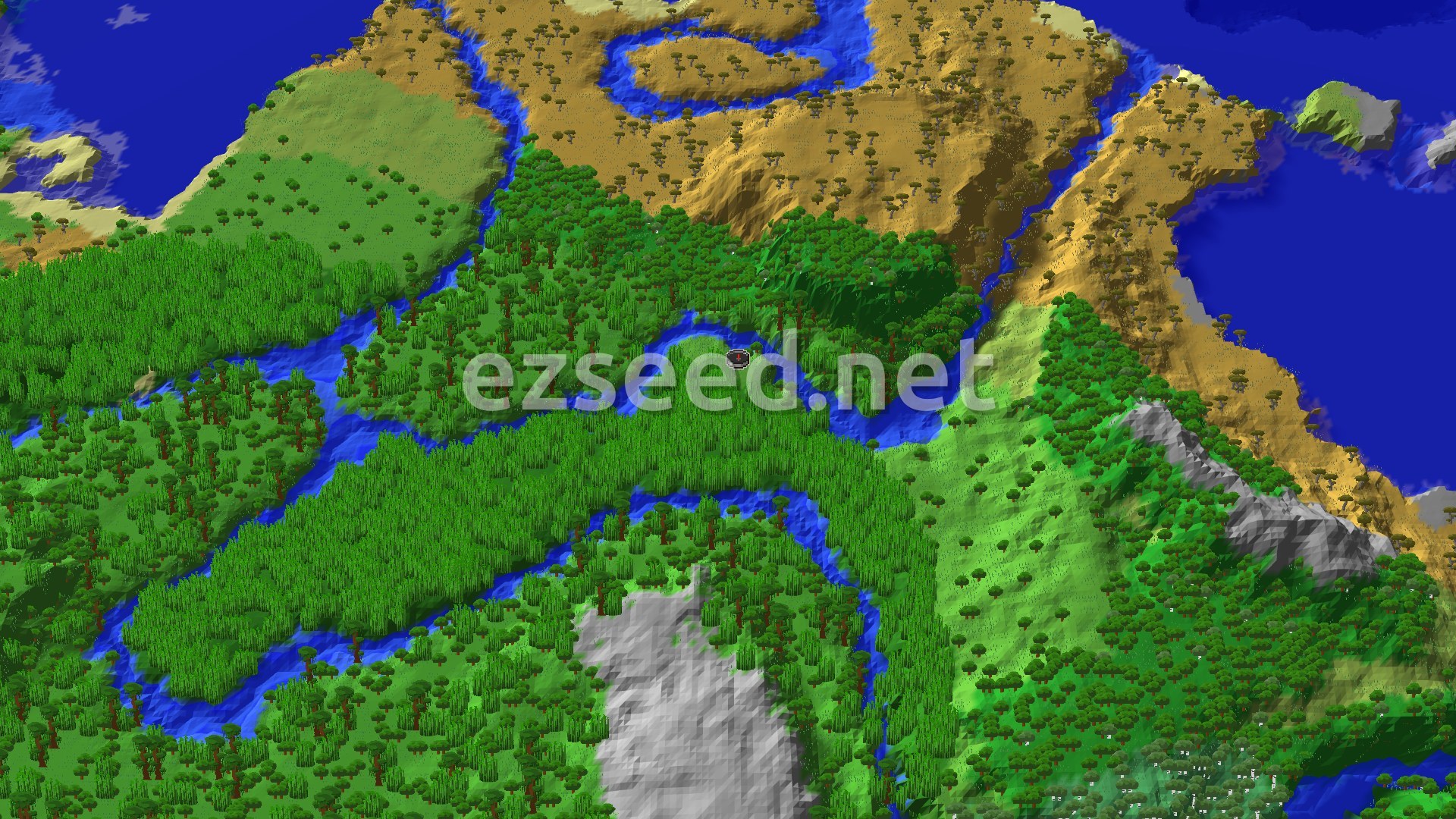 A bird's-eye view of a dense jungle valley with a winding river, surrounded by higher, varied terrain including savanna and rocky outcrops. A small red dot marks the spawn point.