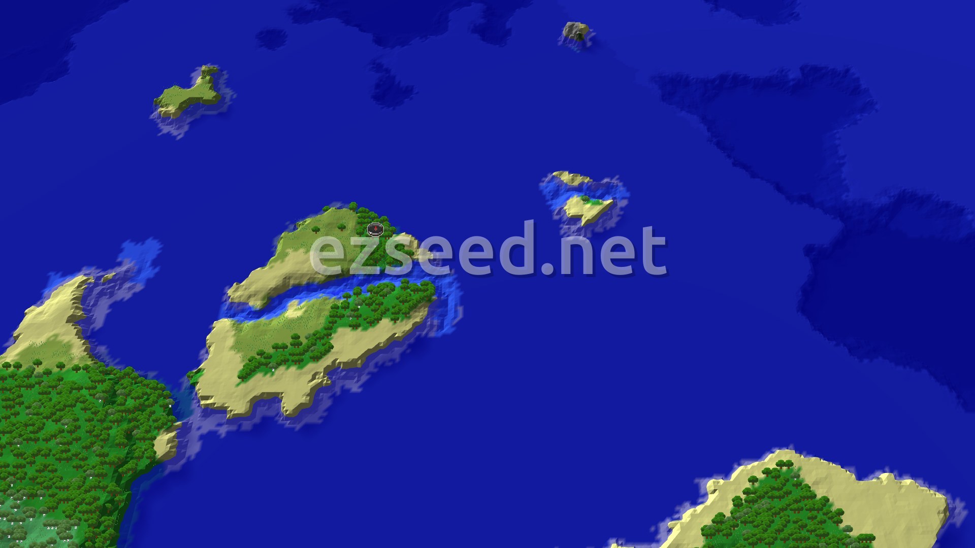 A small green island of forest and sandy beach split by a narrow inlet, surrounded by deep blue ocean and a few smaller islets.