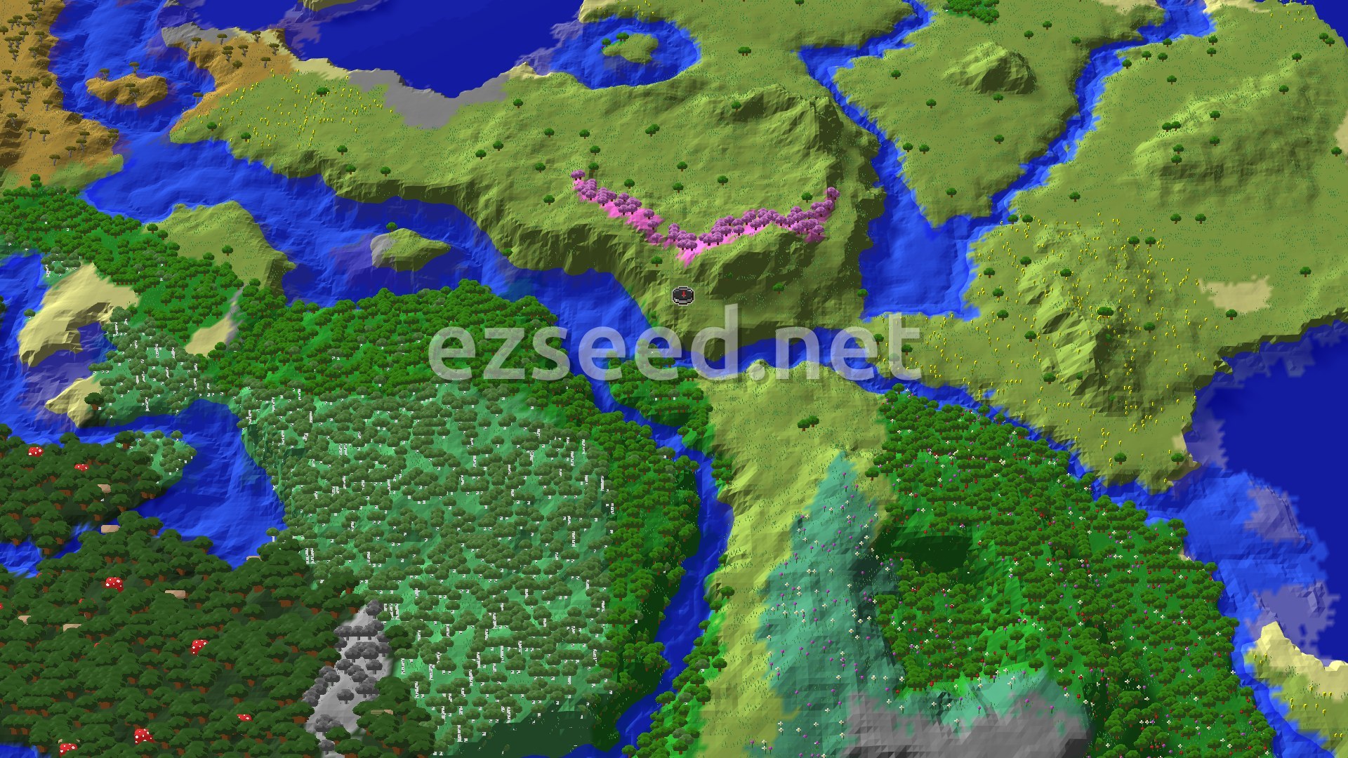 A fly-over of rolling green plains split by a river, with a thin pink cherry grove on a ridge just north of the spawn marker and dense birch and dark forest to the south.
