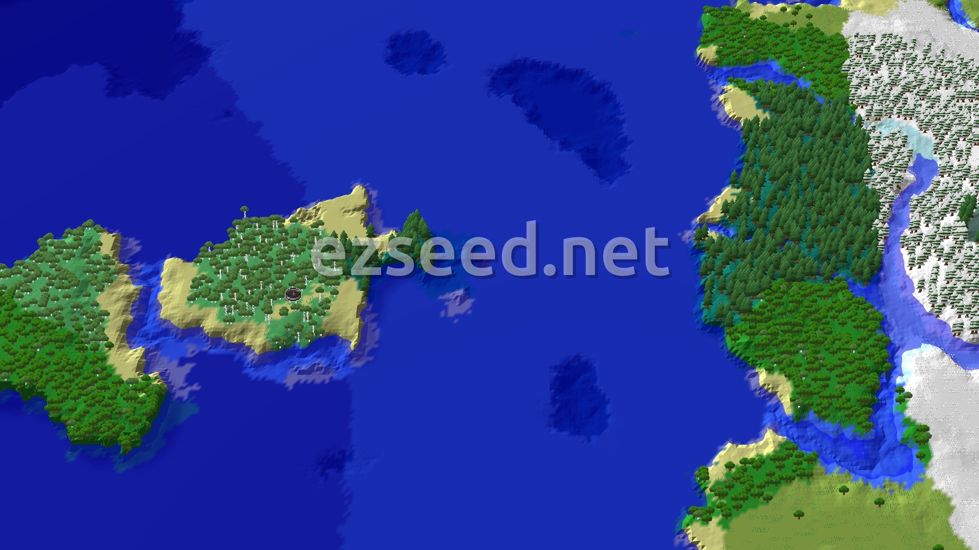 A sandy-edged island of birch and oak forest sits in deep blue ocean, with a dense taiga coast and snowy ground across the water to the east.