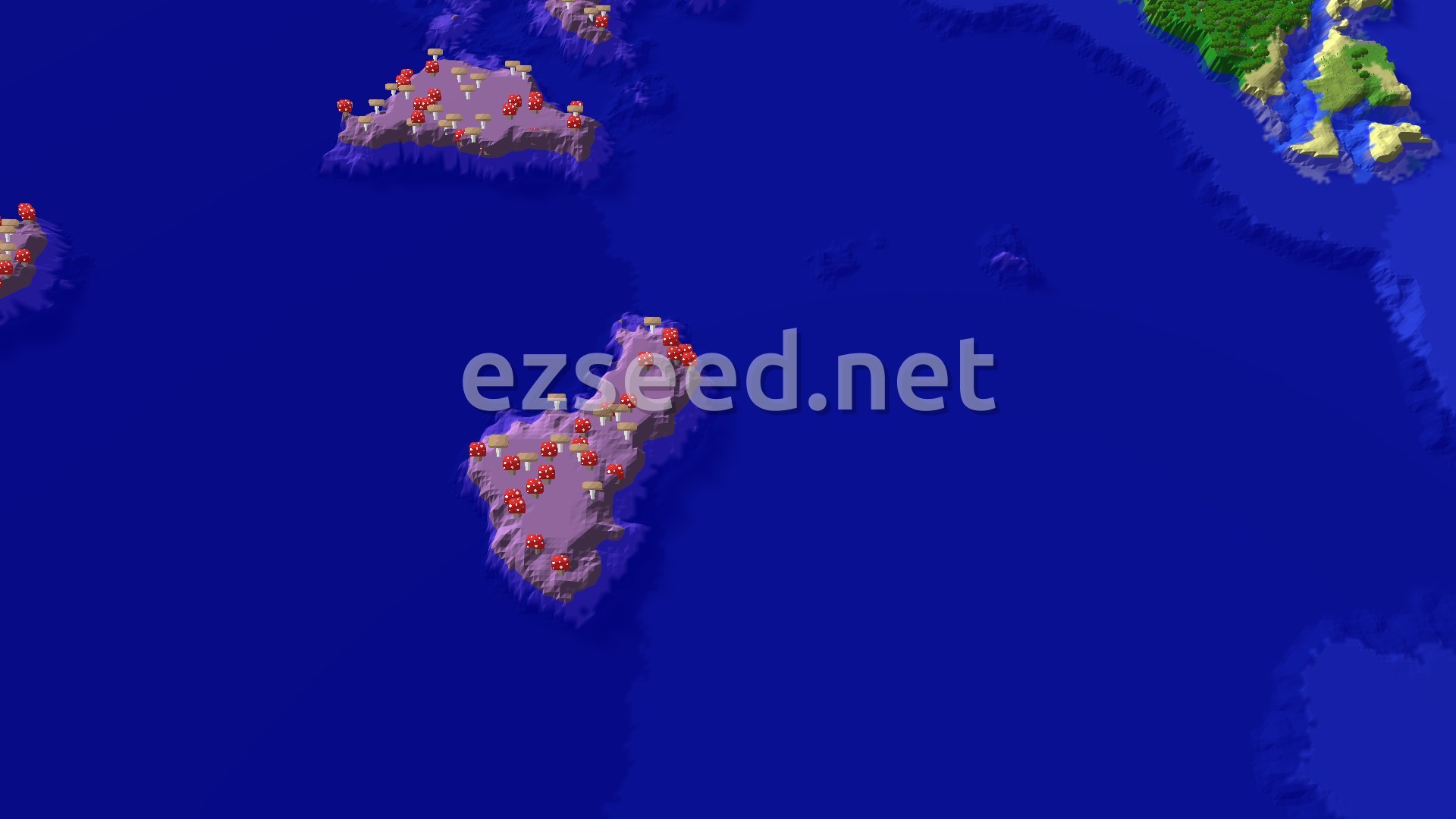 Purple mushroom islands dotted with red and tan giant mushrooms sit in open deep water, with a green forested coastline and sandy beaches in the top right corner.