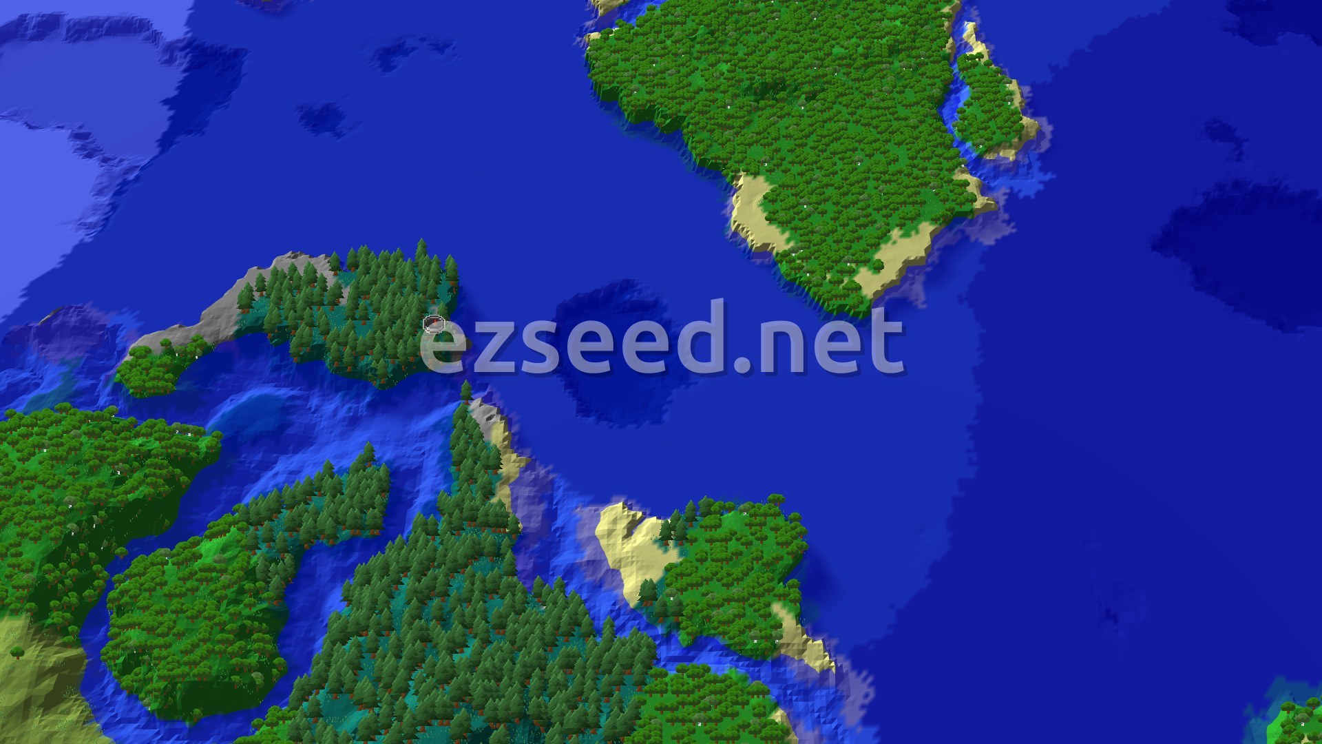 A fly-over of a spruce-covered island with a grey stony shore, sitting in deep blue ocean beside larger forested islands with sandy beaches.