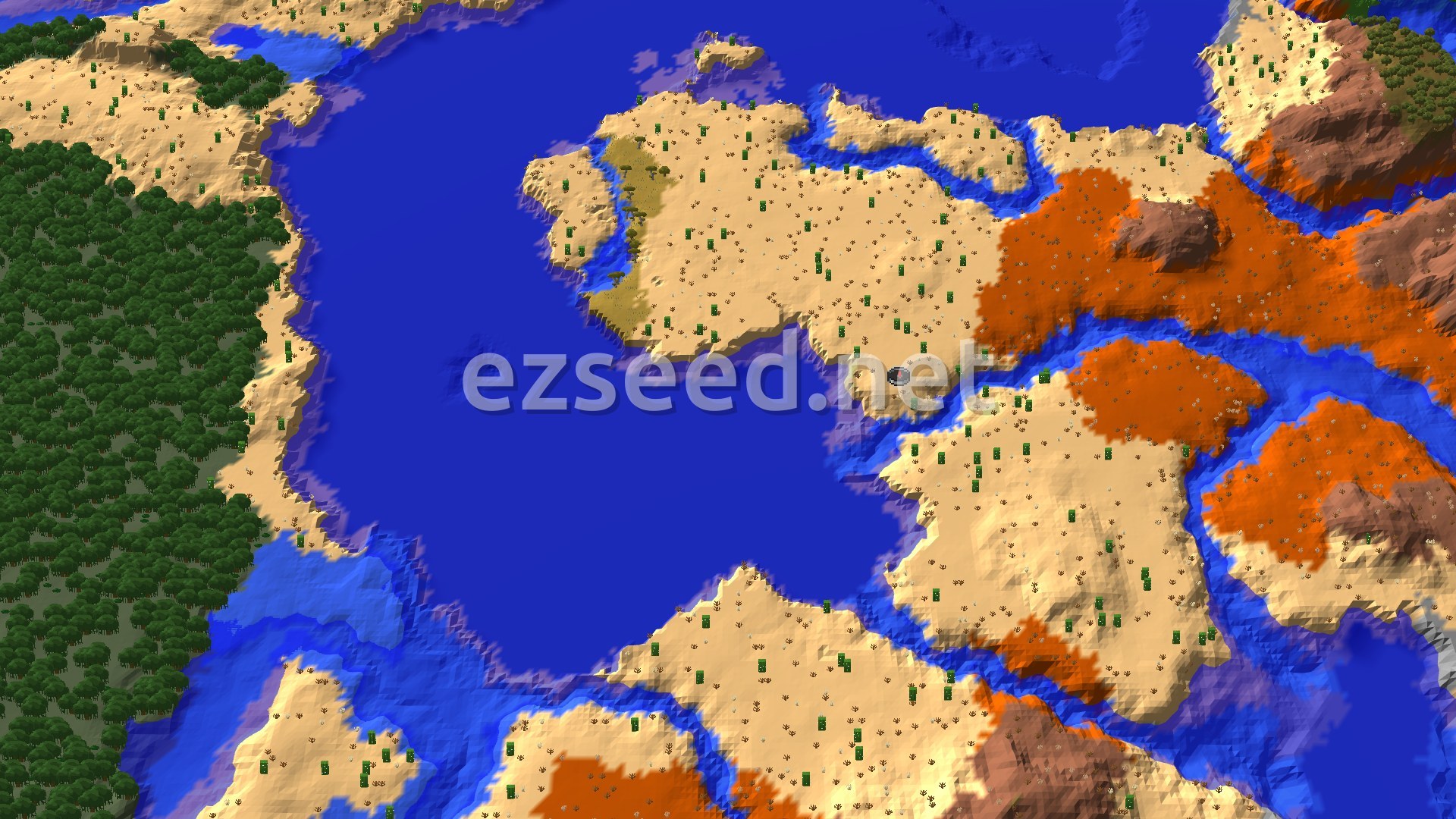 A sandy desert peninsula dotted with cacti curves around a large deep-blue bay, with orange badlands to the east and dense dark forest along the western shore.