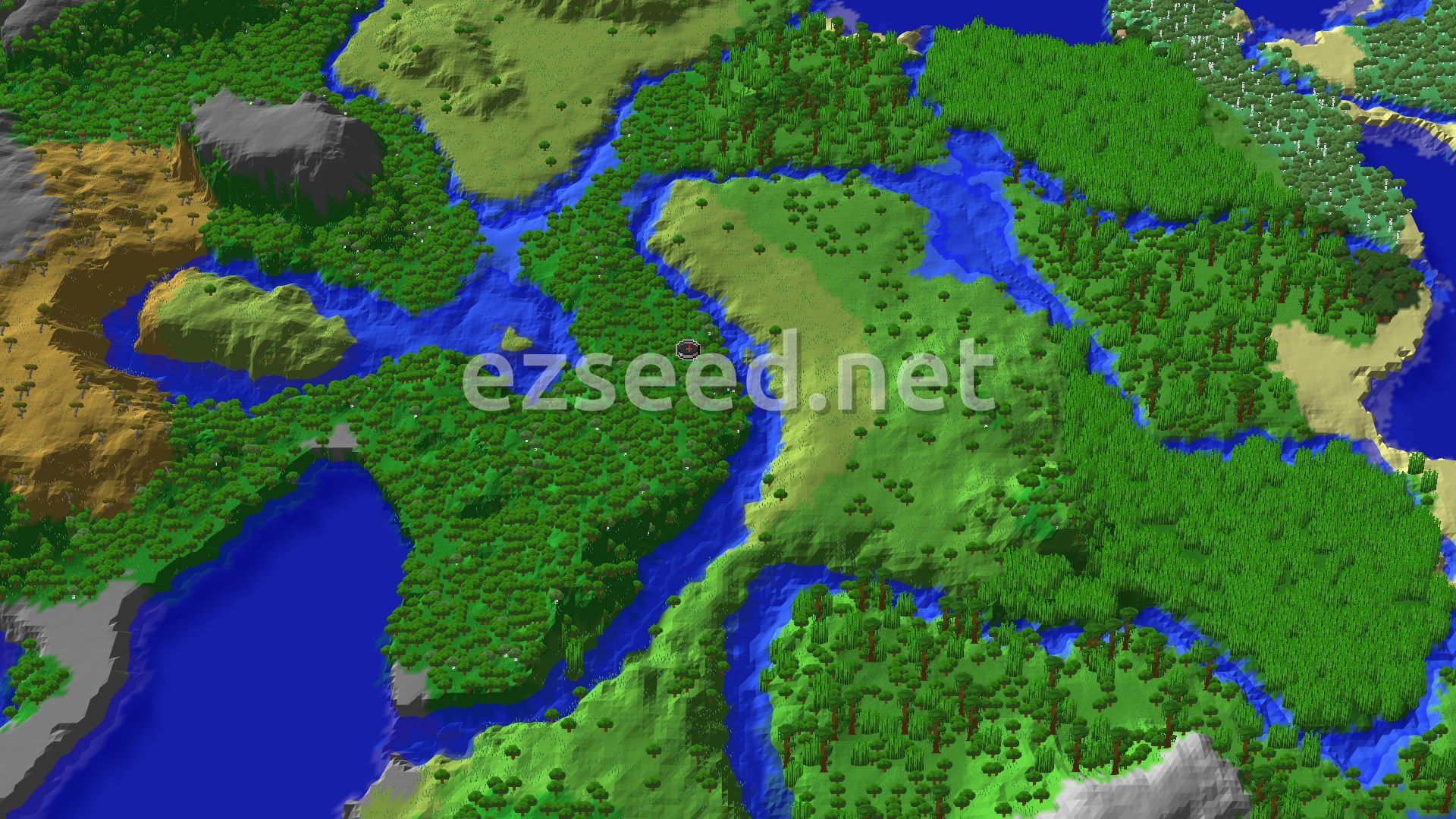 A 3D fly-over of a forest valley with a lake, surrounded by varied biomes and hills, with a small spawn marker in the center.
