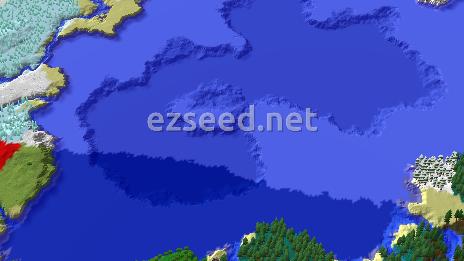A 3D view of a wide stretch of dark blue ocean with ridged seabed edges, snowy spruce shores on the left and taiga forest and sandy beaches along the bottom.