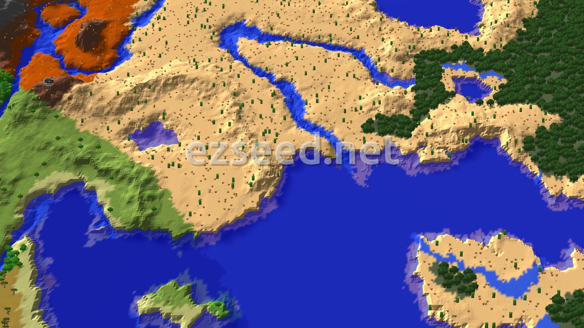 Orange badlands terraces in the top left give way to a wide tan desert cut by a blue river, with green hills to the west and a large bay to the south.