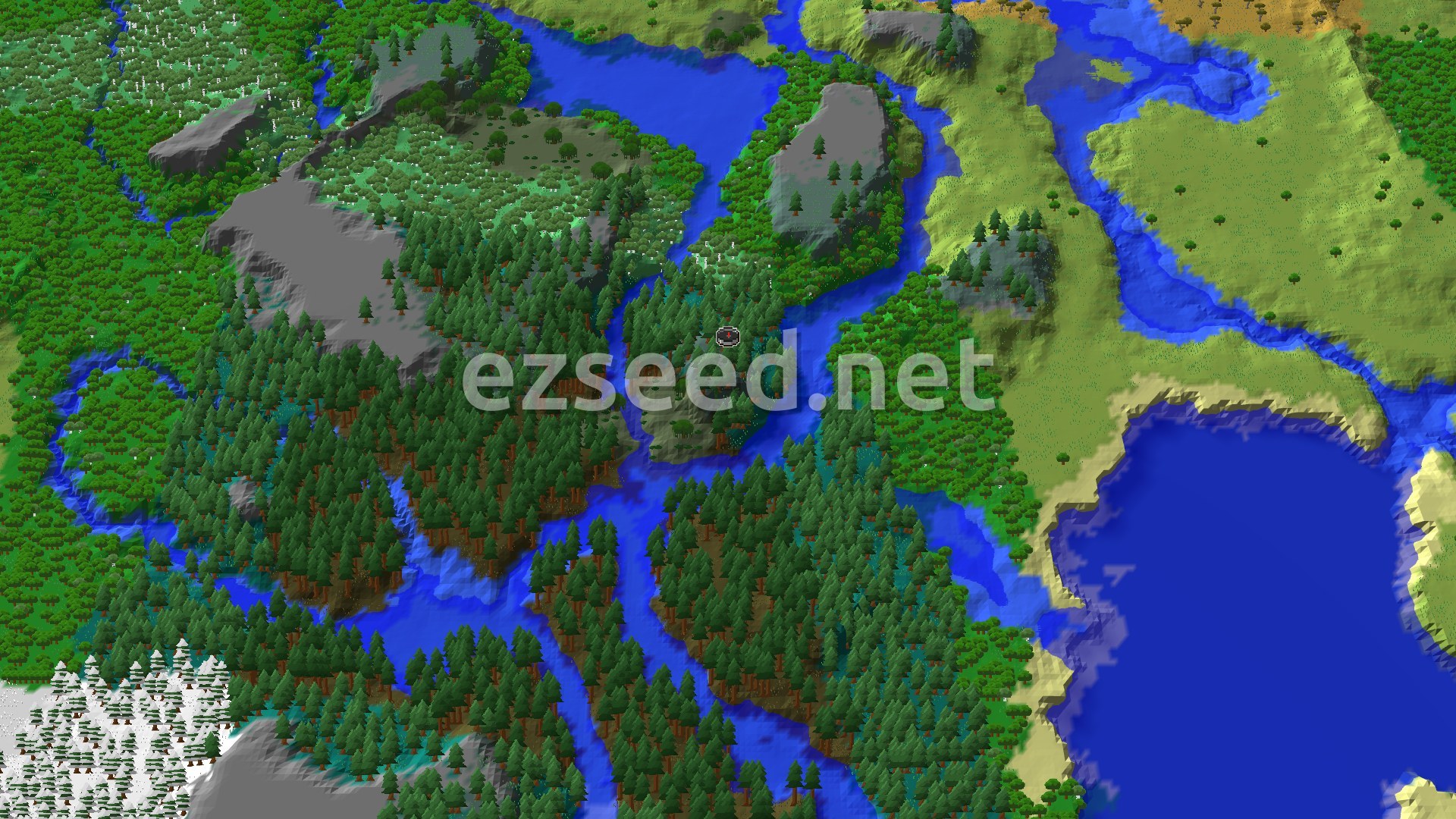 A fly-over of dense spruce and oak forest cut by branching rivers, with bare grey stone hilltops, a large blue lake to the east and snowy conifers in the far corner.