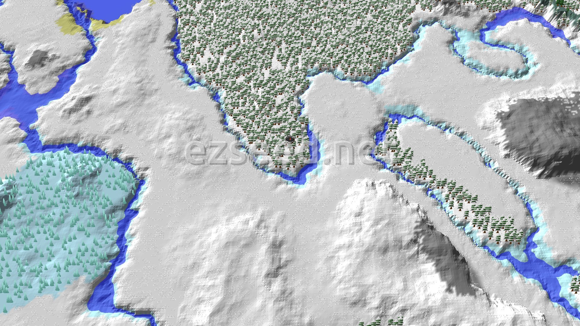 A bird's eye view of a snowy landscape with patches of green trees and winding rivers, some frozen, under a clear sky. A small red dot marks the spawn point near the center of the image.