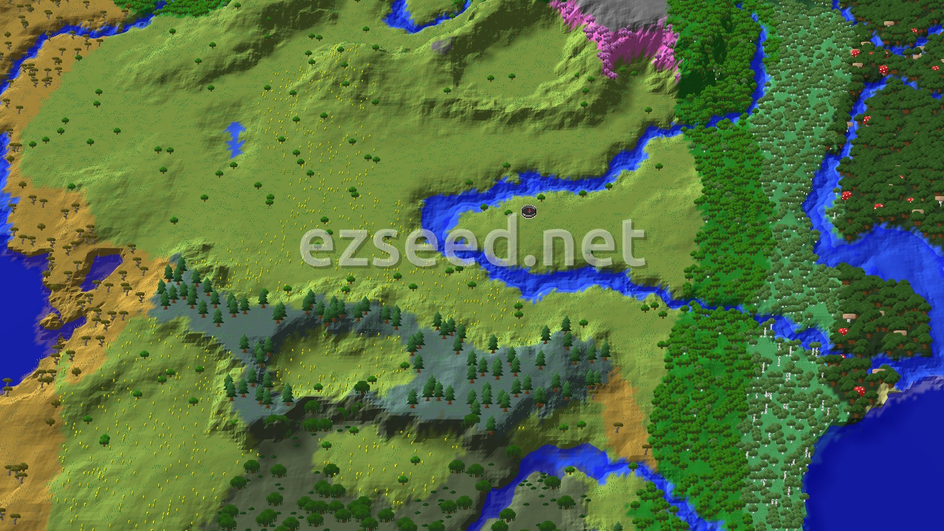 An aerial view of varied biomes including green plains, rivers, and dense forests with some hills and a small pink biome patch in the distance.