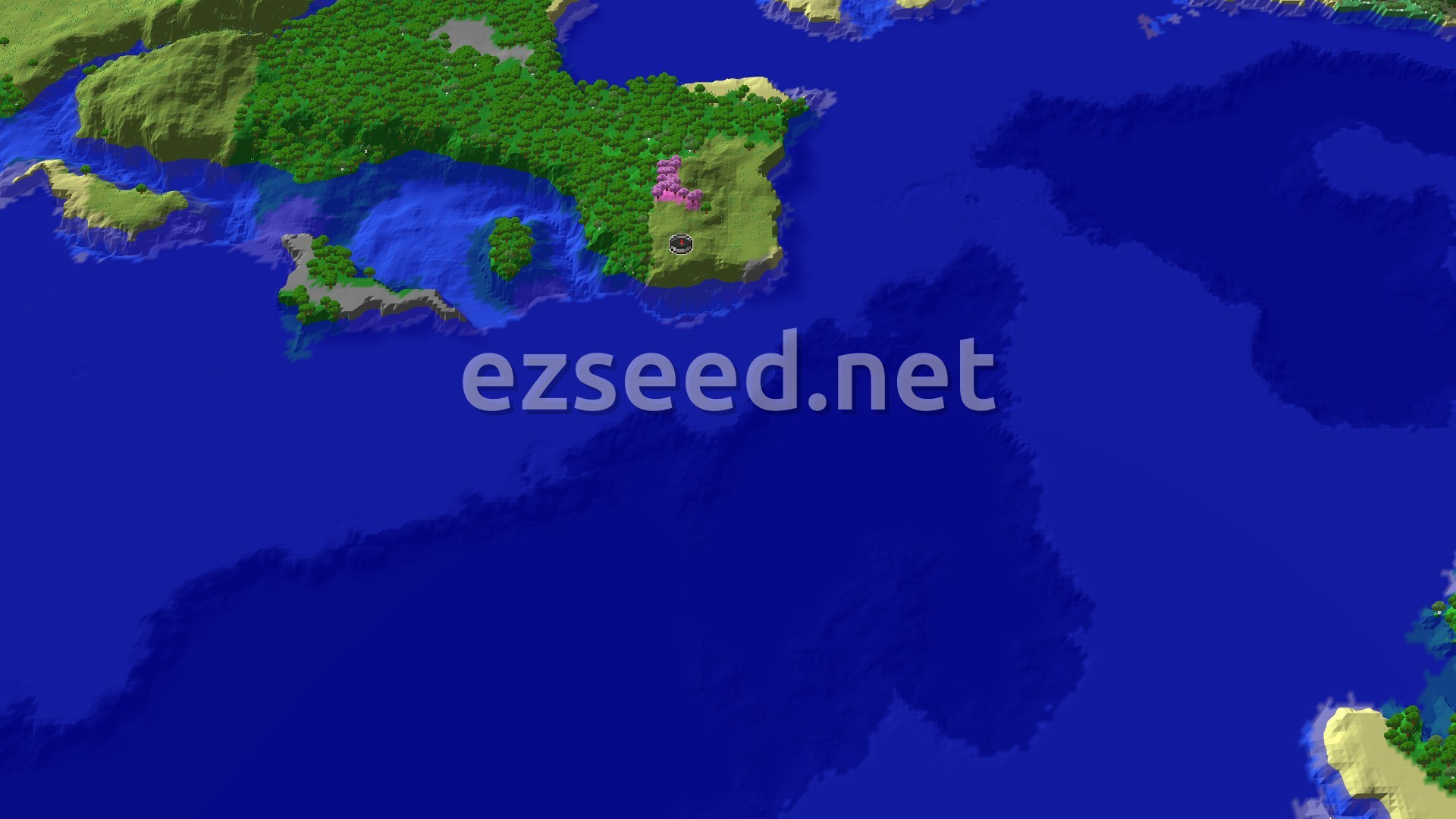 A 3D fly-over of a world showing a green peninsula covered in trees, a patch of pink cherry trees, and surrounded by blue ocean.