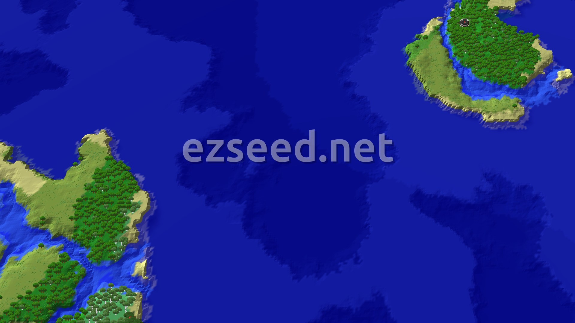 A forested island with sandy beaches and a pale green plains strip, surrounded by deep blue ocean, with more wooded land in the lower left.