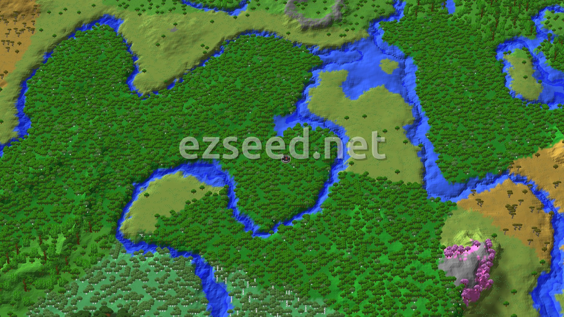 An aerial view of a dense forest biome, cut through by winding rivers, with patches of lighter plains and a distinct pink-leafed Cherry Grove visible in the distance.