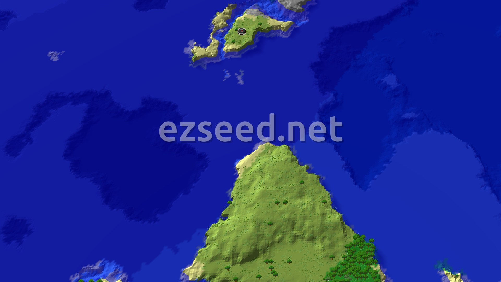 A 3D aerial view shows a spawn marker on a green plains island surrounded by deep blue ocean, with other smaller islands and landmasses visible in the distance.