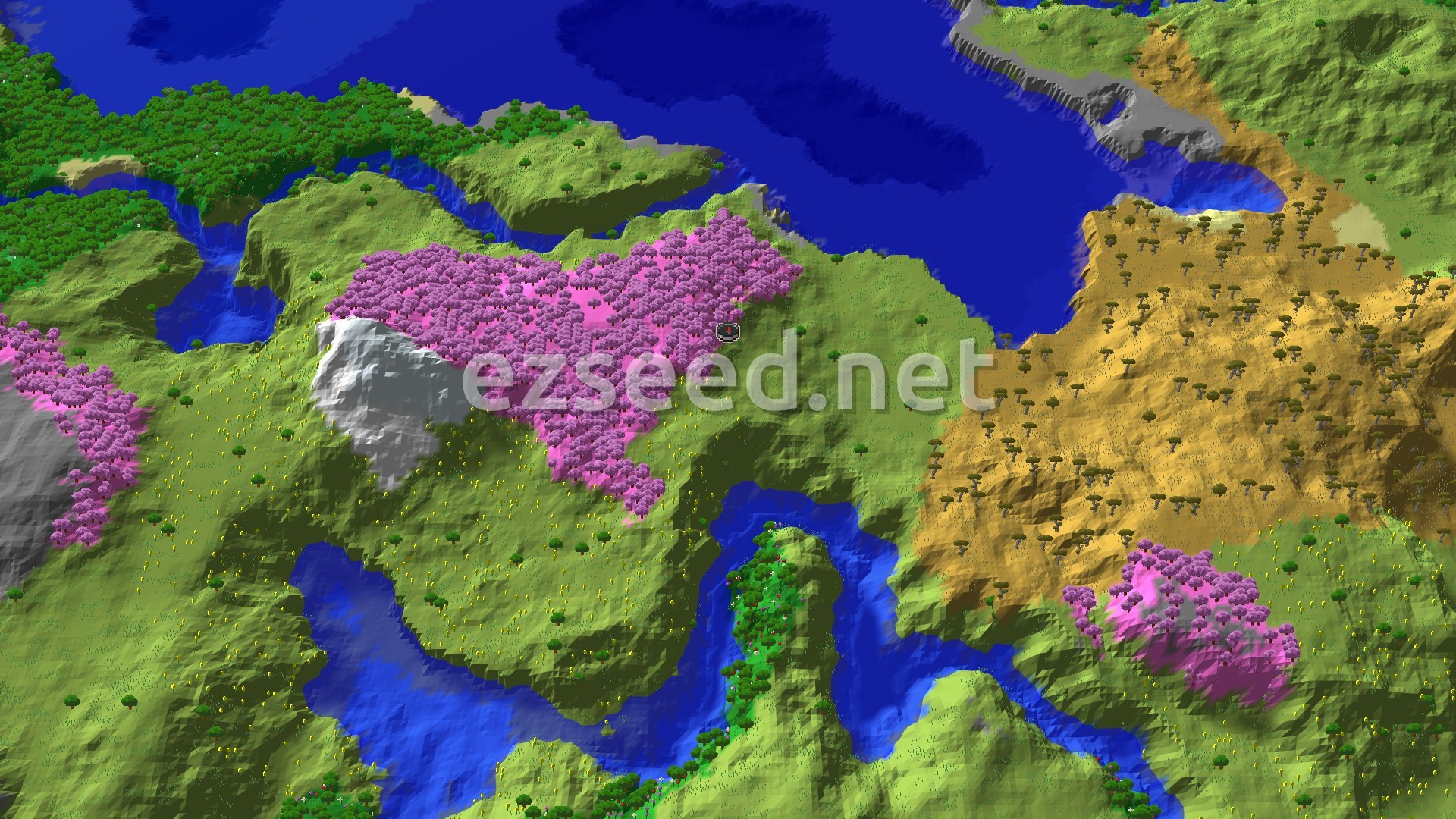 An overhead view of a diverse landscape featuring a large pink Cherry Grove biome next to a white snowy mountain, with green plains, a river, and a golden savanna biome.