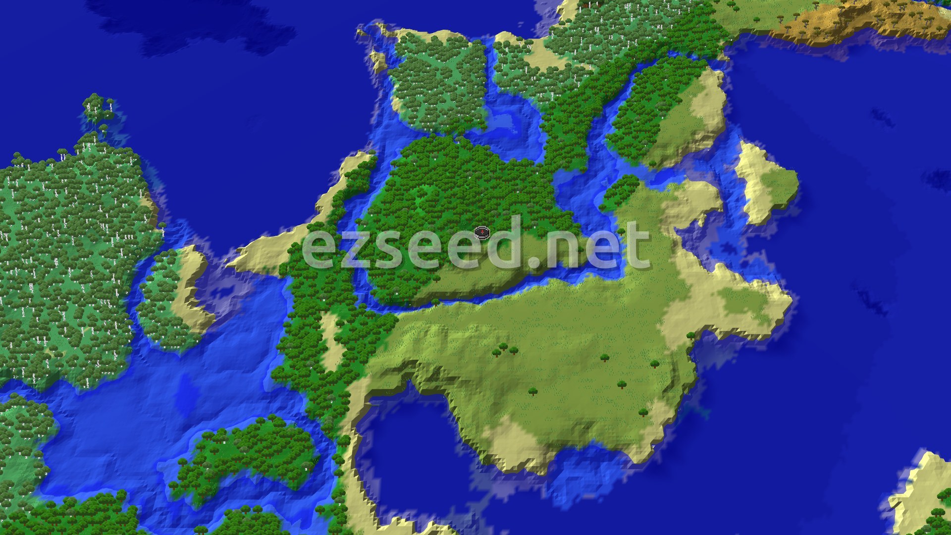 A fly-over of a forested peninsula with a grassy plains lobe to the south, ringed by shallow water, beaches and open ocean.