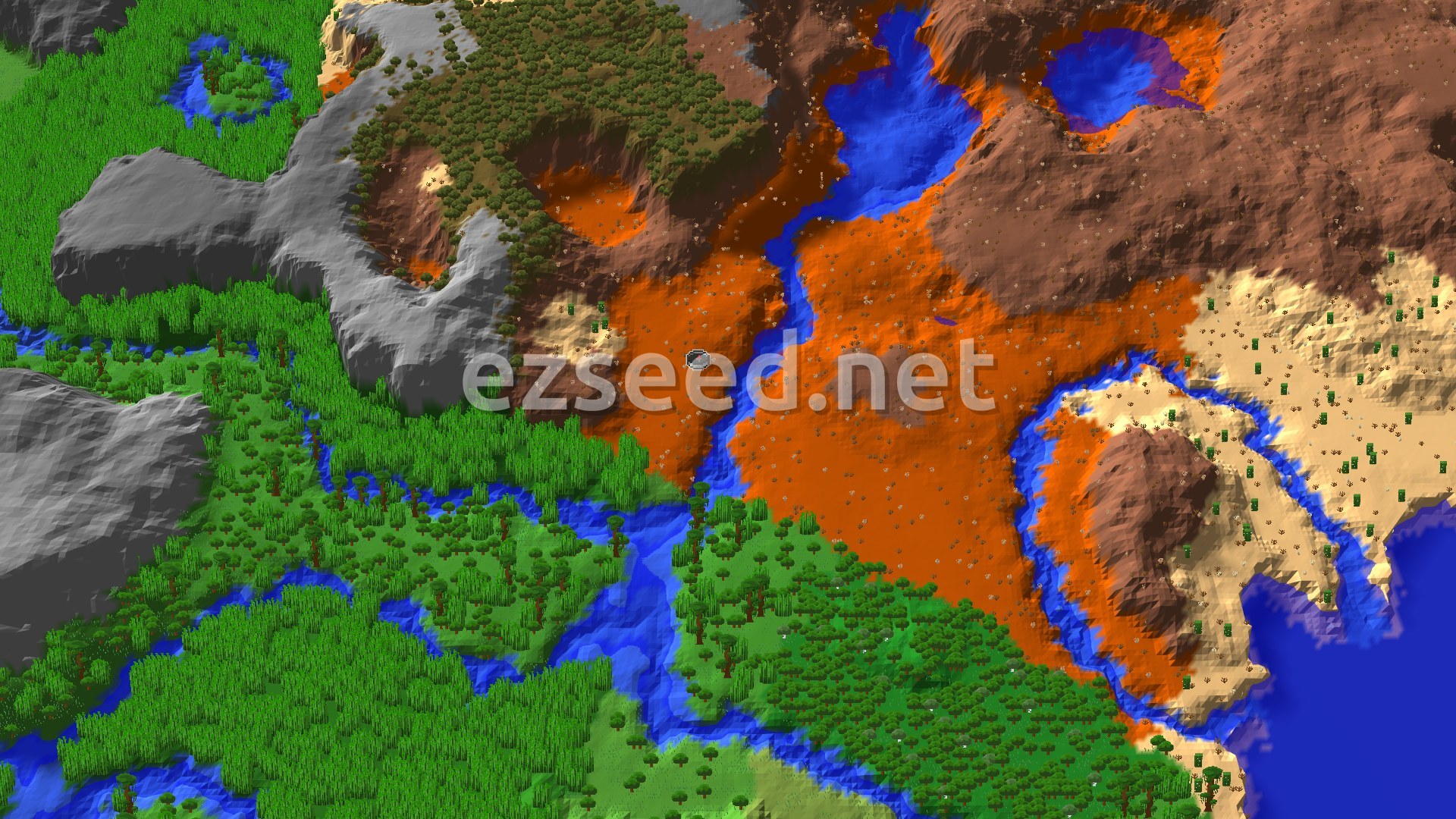 Aerial Minecraft seed map — Wooded Badlands Valley with Nearby Jungle