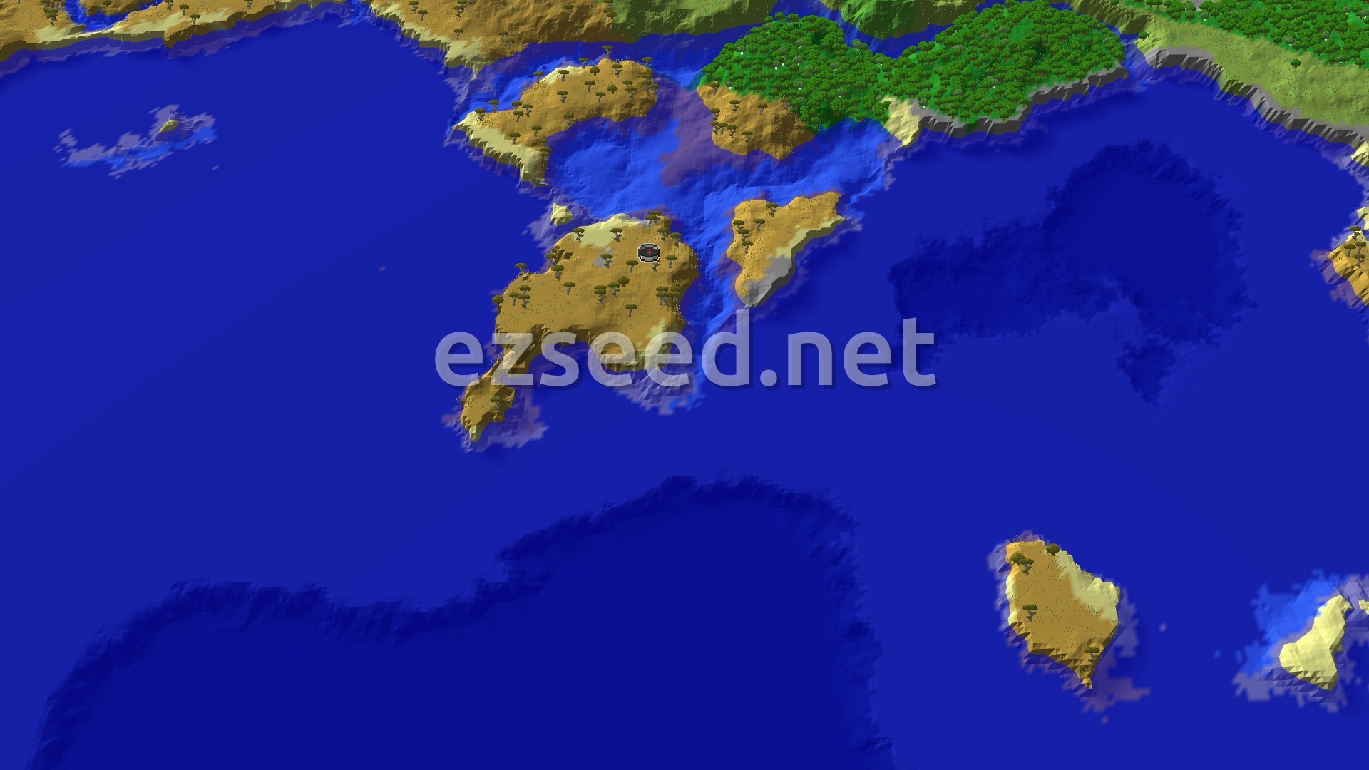 An aerial view shows a large savanna island with scattered acacia trees, surrounded by blue ocean. Smaller islands and distant landmasses with green forests and more savanna are visible.