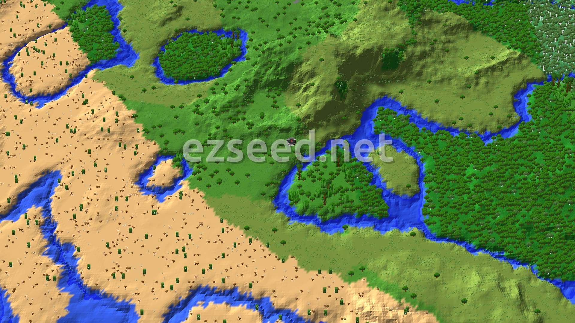 An aerial view of diverse biomes, including a river winding through sparse jungle, plains, and a large desert area with scattered foliage.