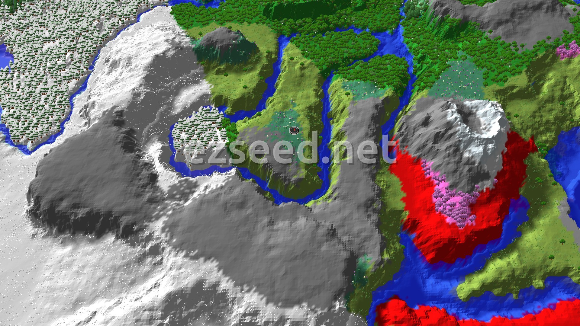 An aerial view shows a spawn marker in a meadow, surrounded by green plains, a river, and snowy mountains with patches of pink cherry trees.