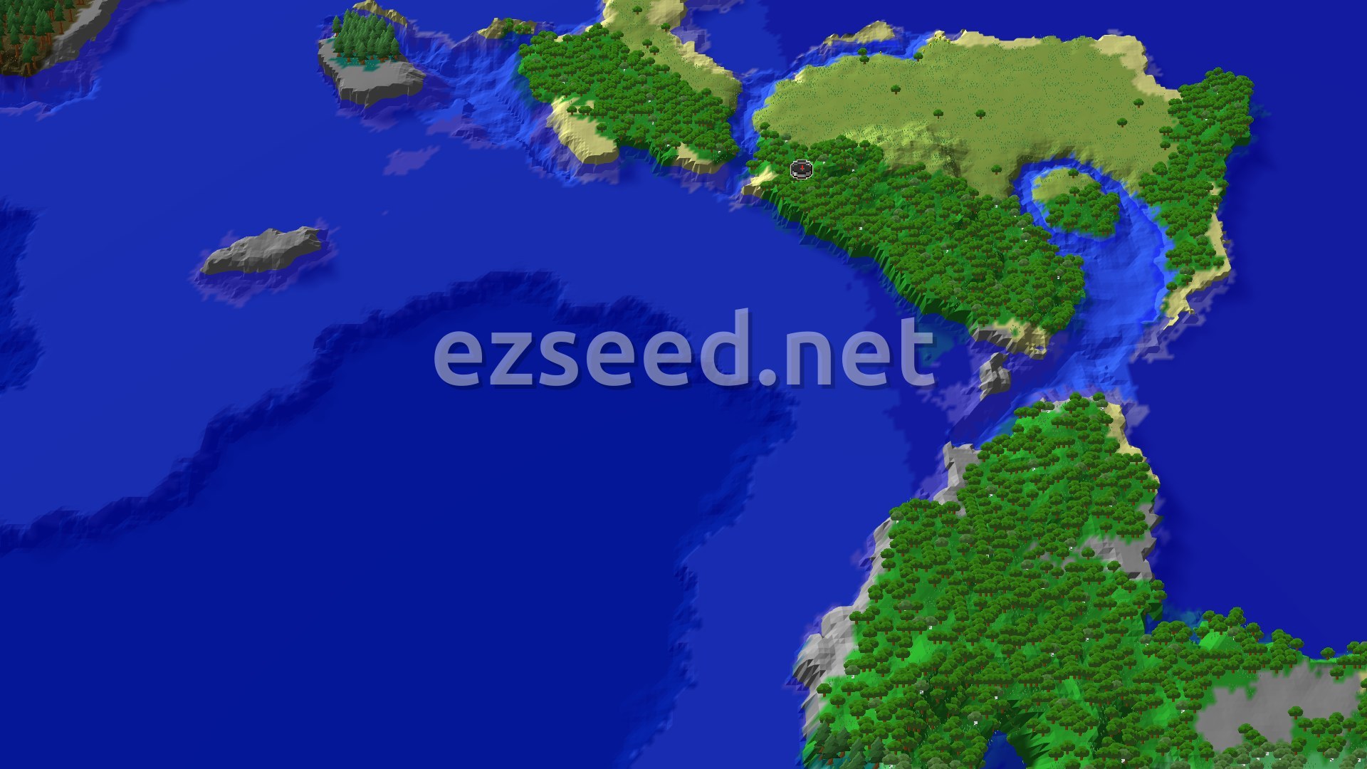Aerial view of a green forest and a tan plains island with sandy beaches, surrounded by deep blue ocean and a few small rocky islets.