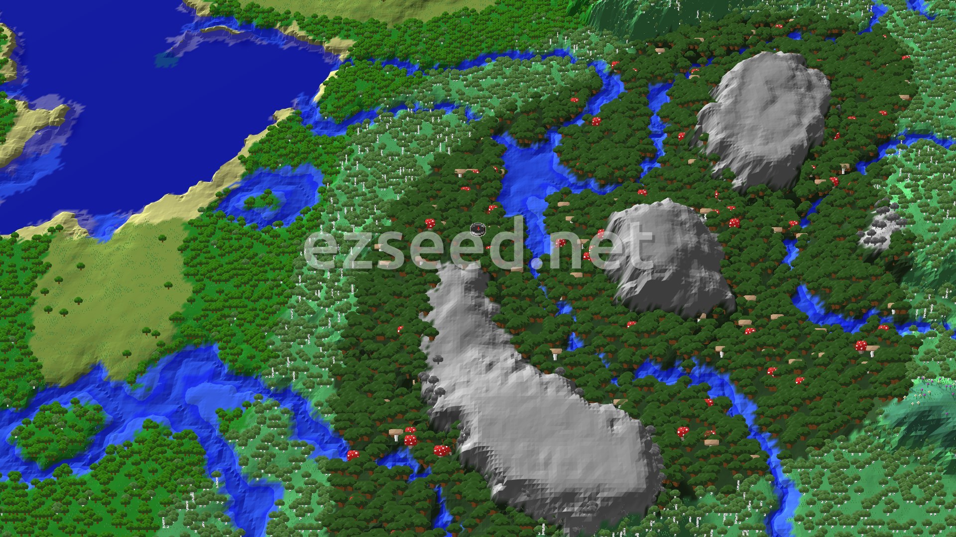 An aerial view shows a dense dark forest, with several winding rivers and a large ocean to the west. Three stony hills rise from the forest floor.
