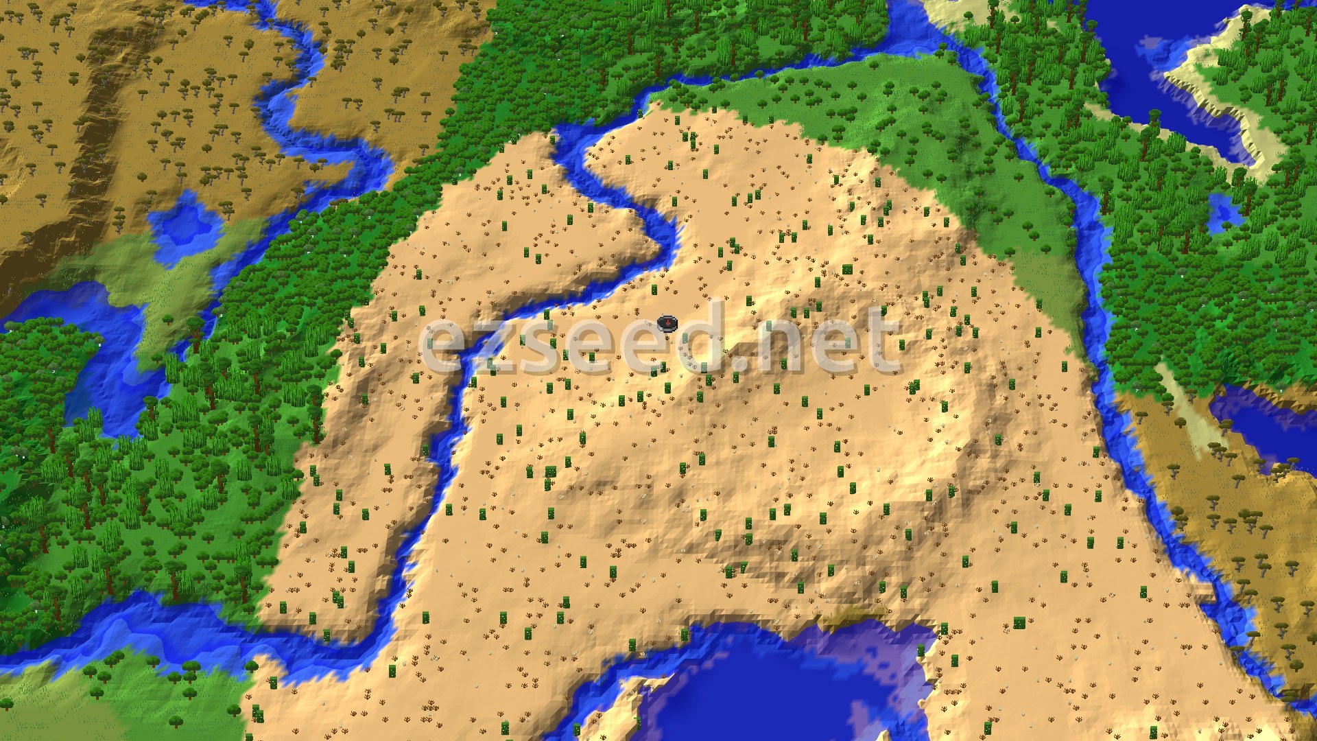 A broad sandy desert dotted with cacti and dead bushes, wrapped by winding rivers, with dense green forest and savanna on every side and open water to the south.
