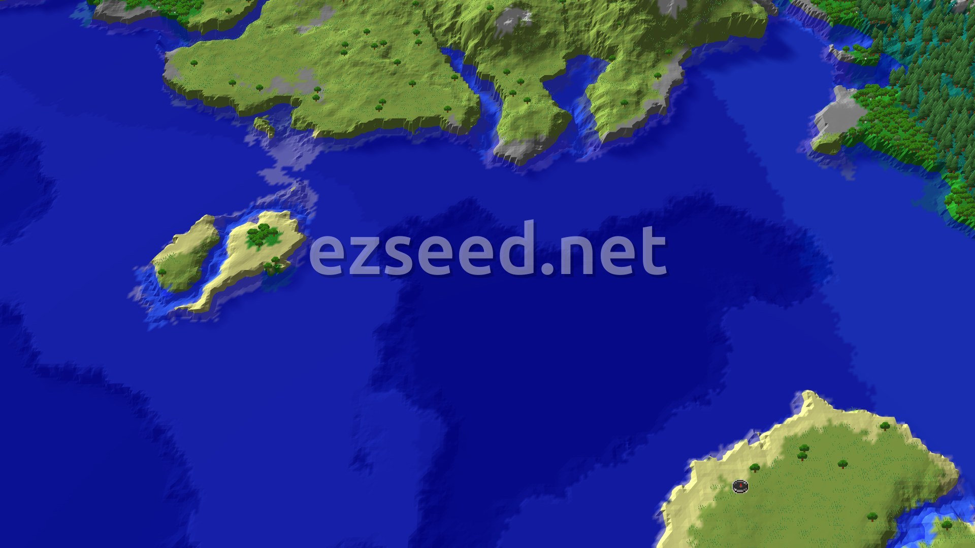 Aerial Minecraft seed map — Village Island in a Wide Ocean, Plains Start