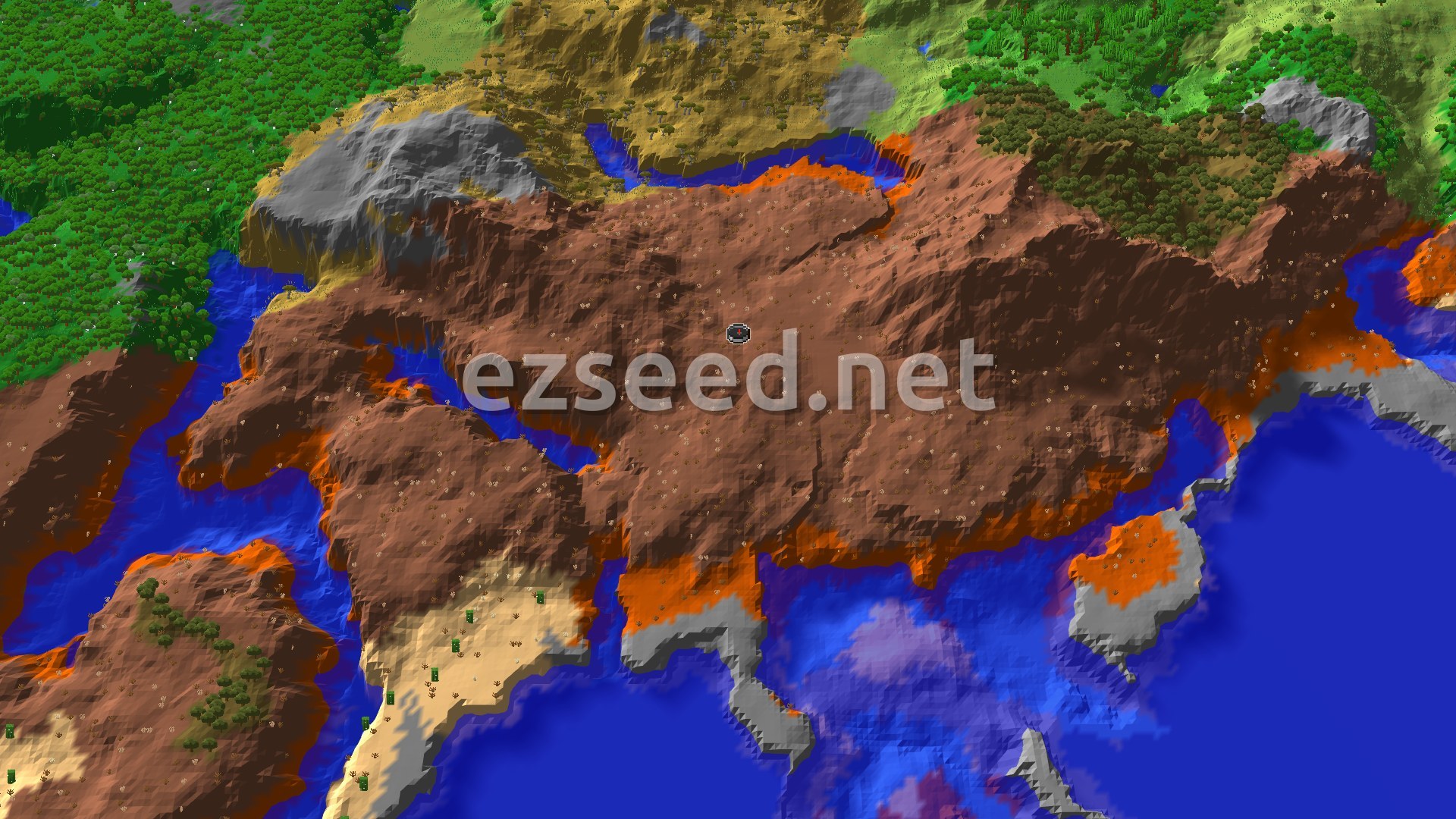 A broad reddish-brown badlands plateau with orange terracotta rims, ringed by blue water, with green forest and savanna at the edges and a pale desert strip to the south.