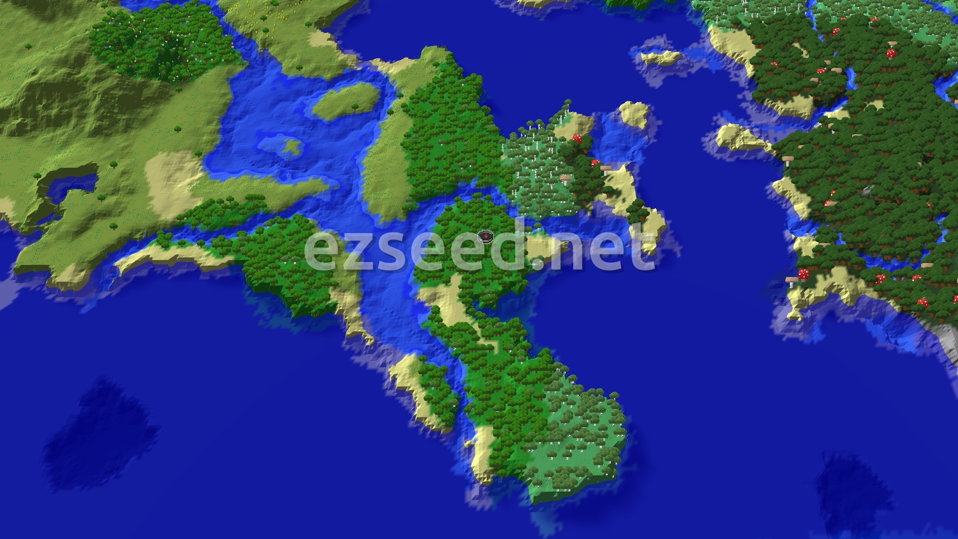 A long forested island with sandy beaches and a pale birch patch to the east, ringed by deep blue ocean, with larger green landmasses beyond the water.