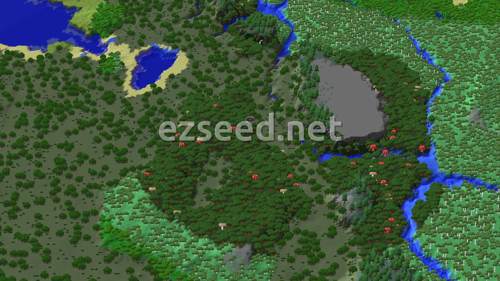 A 3D fly-over of dense dark oak canopy dotted with red and brown mushrooms, ringed by swamp, birch forest, a winding river and a pale sand-edged lake.