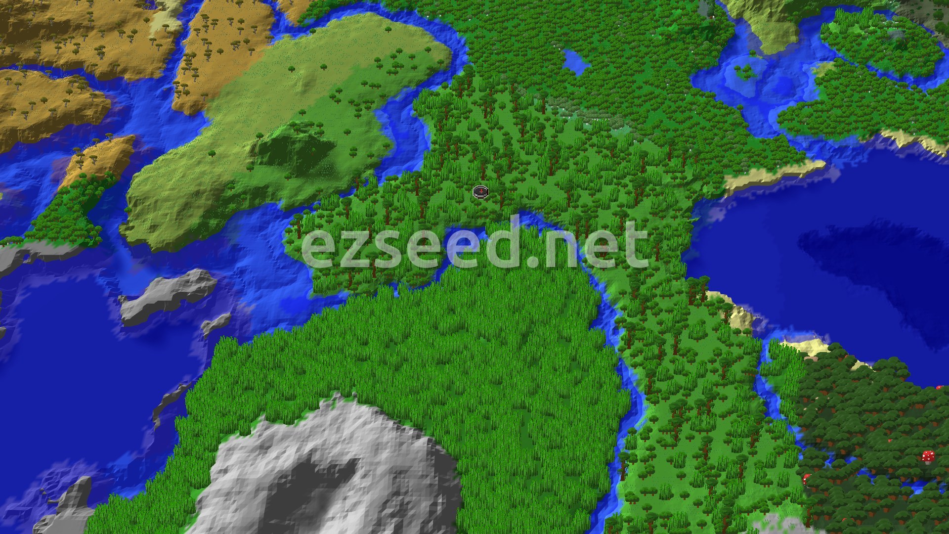 An aerial view of a dense jungle biome, with a winding river and patches of savanna and forest biomes visible in the distance. A small spawn marker sits in the center of the jungle.