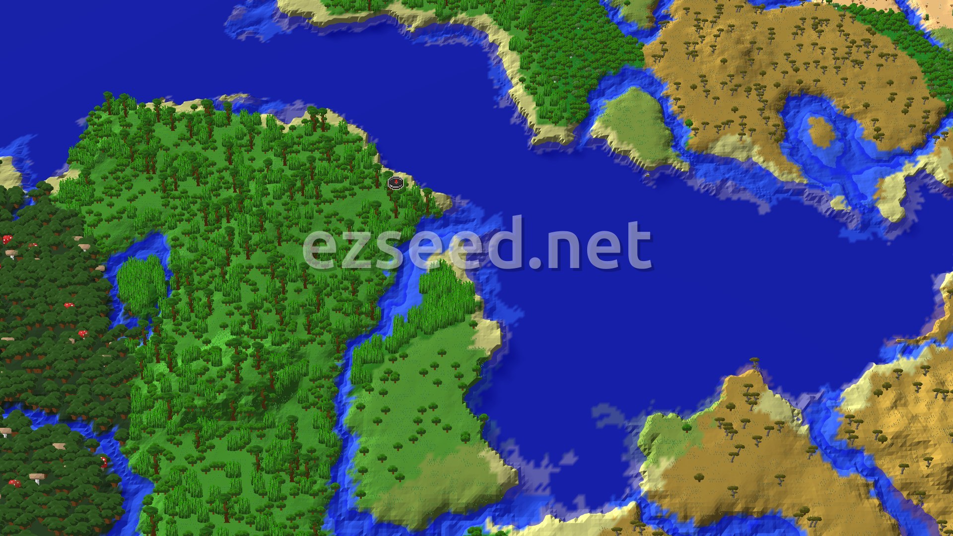 A jungle-covered headland with a sandy shore juts into a wide blue bay, with tan savanna hills on the far side and dark forest at the left edge.