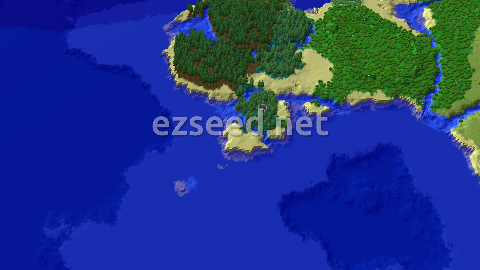 A 3D overhead view of a green forested island with sandy beaches, surrounded by blue ocean water. A small spawn marker is visible near the center of the island.