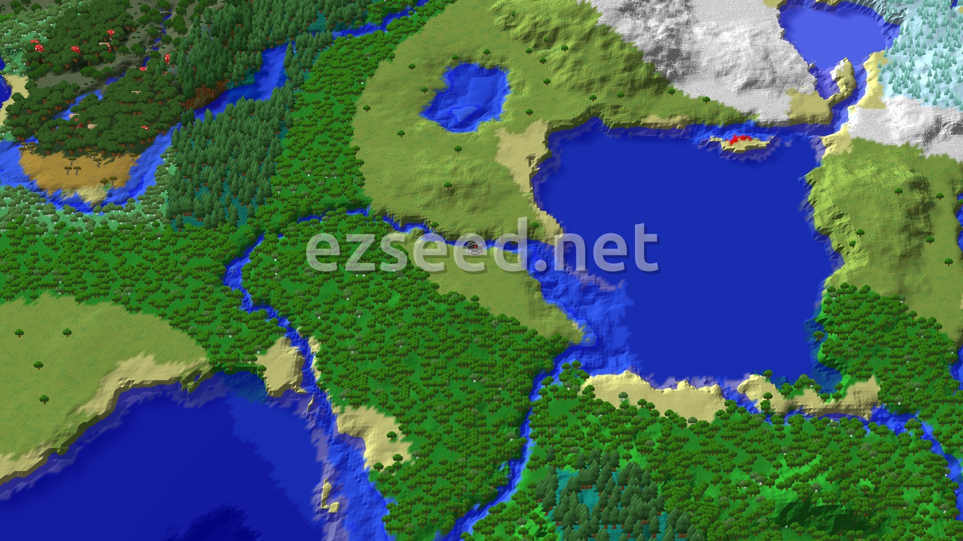 A large blue lake with grassy plains and dense forest along its western shore, snowy ground in the upper right and ocean in the lower left.
