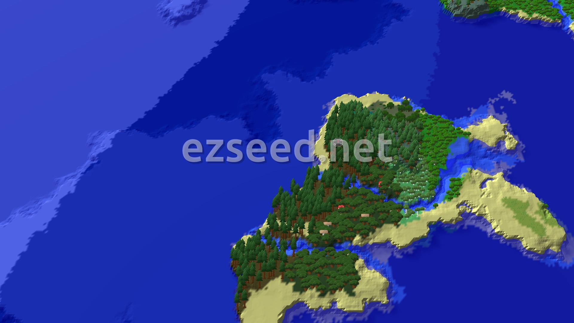 A forested island seen from above, with dark spruce and oak canopy, sandy beaches along the edge and deep blue ocean on every side.