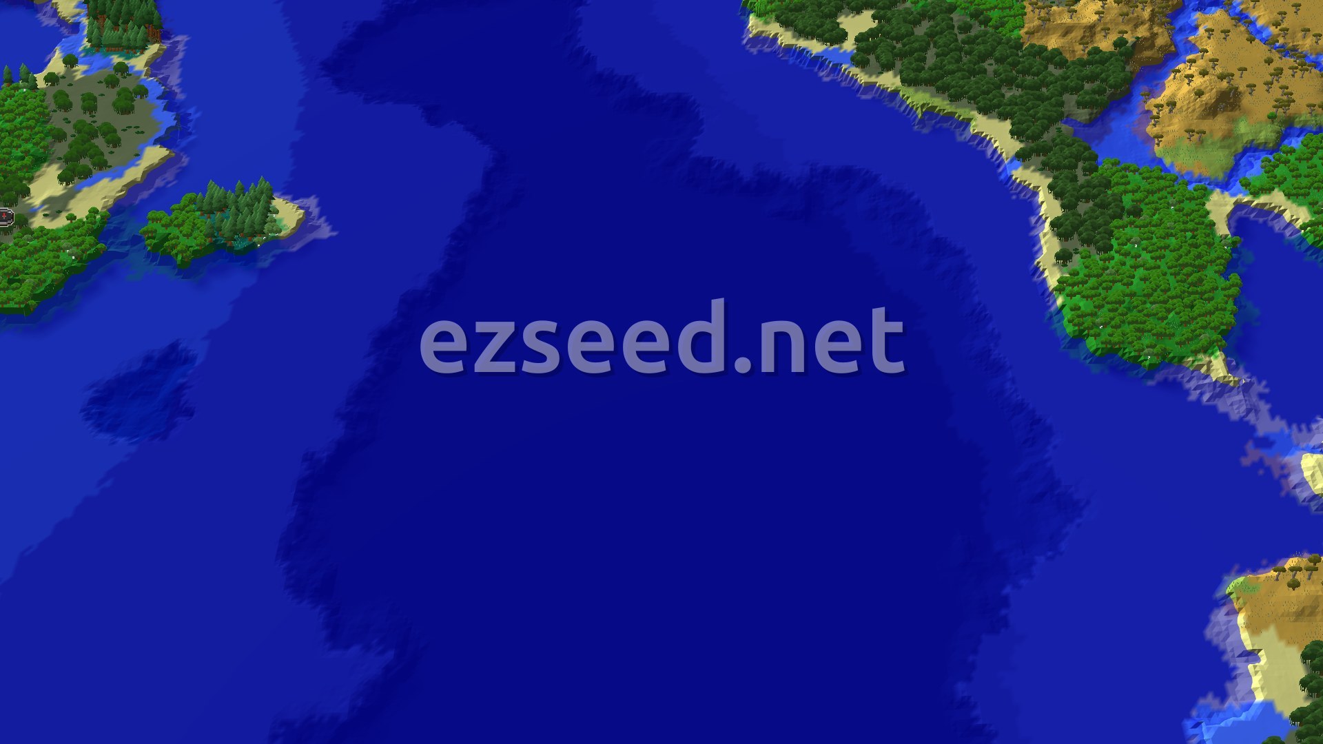 A wide stretch of deep blue ocean with forested, sandy coastlines on both sides and a few small wooded islets near the left edge.