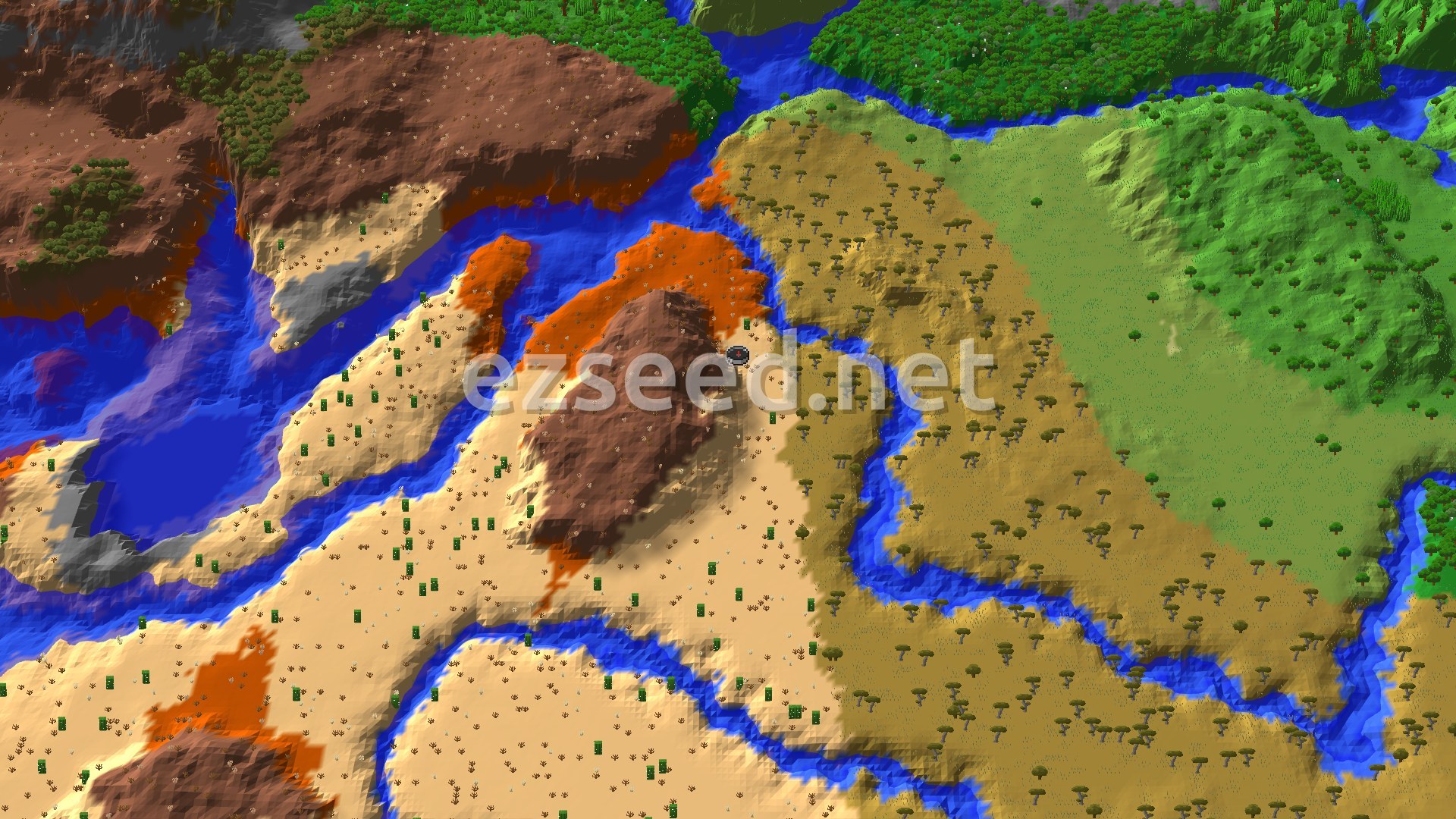 Sandy desert with cacti beside a brown and orange badlands mesa, winding blue rivers, and a savanna of flat-topped trees giving way to green forest.