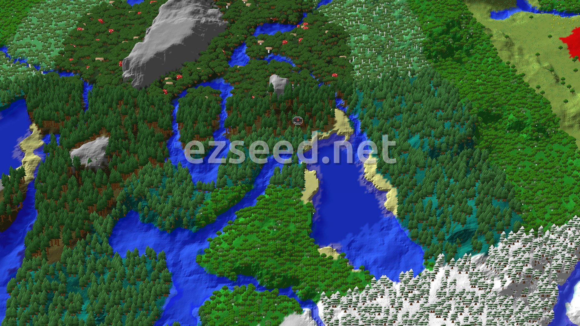 A bird's-eye view of a dense forest valley with a river running through it, surrounded by higher, snow-capped mountains and a dark forest on the other side.