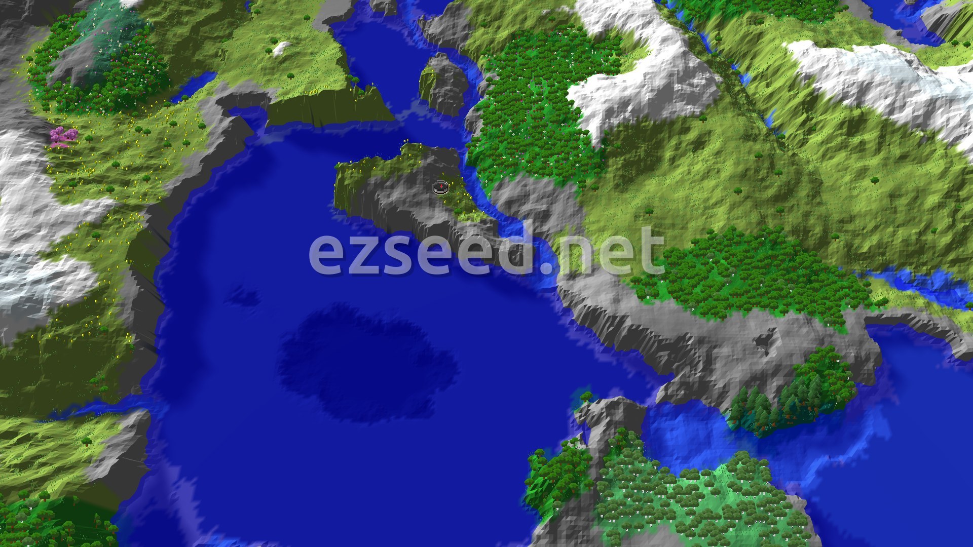 An aerial view of a green valley surrounded by higher, snow-capped mountains, with a large body of water to the east.