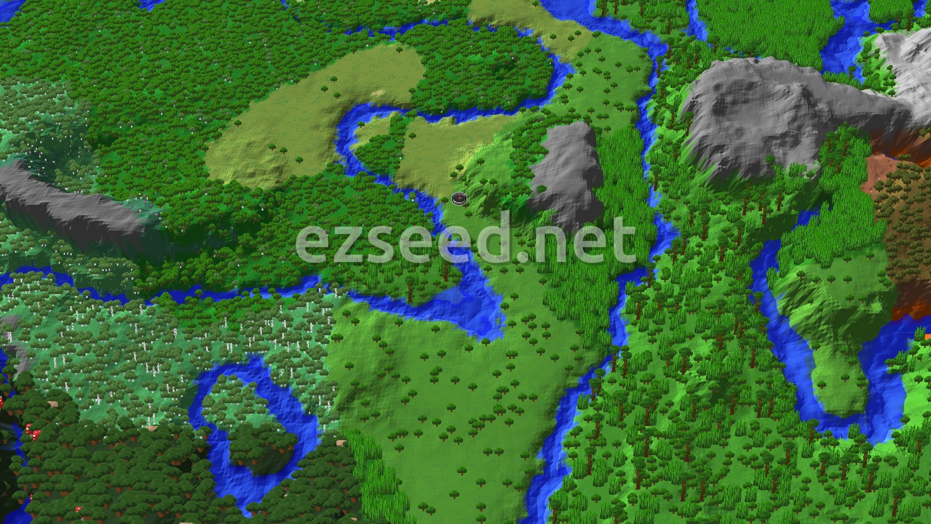 Aerial Minecraft seed map — Jungle Valley With Bamboo Jungle and Winding Rivers