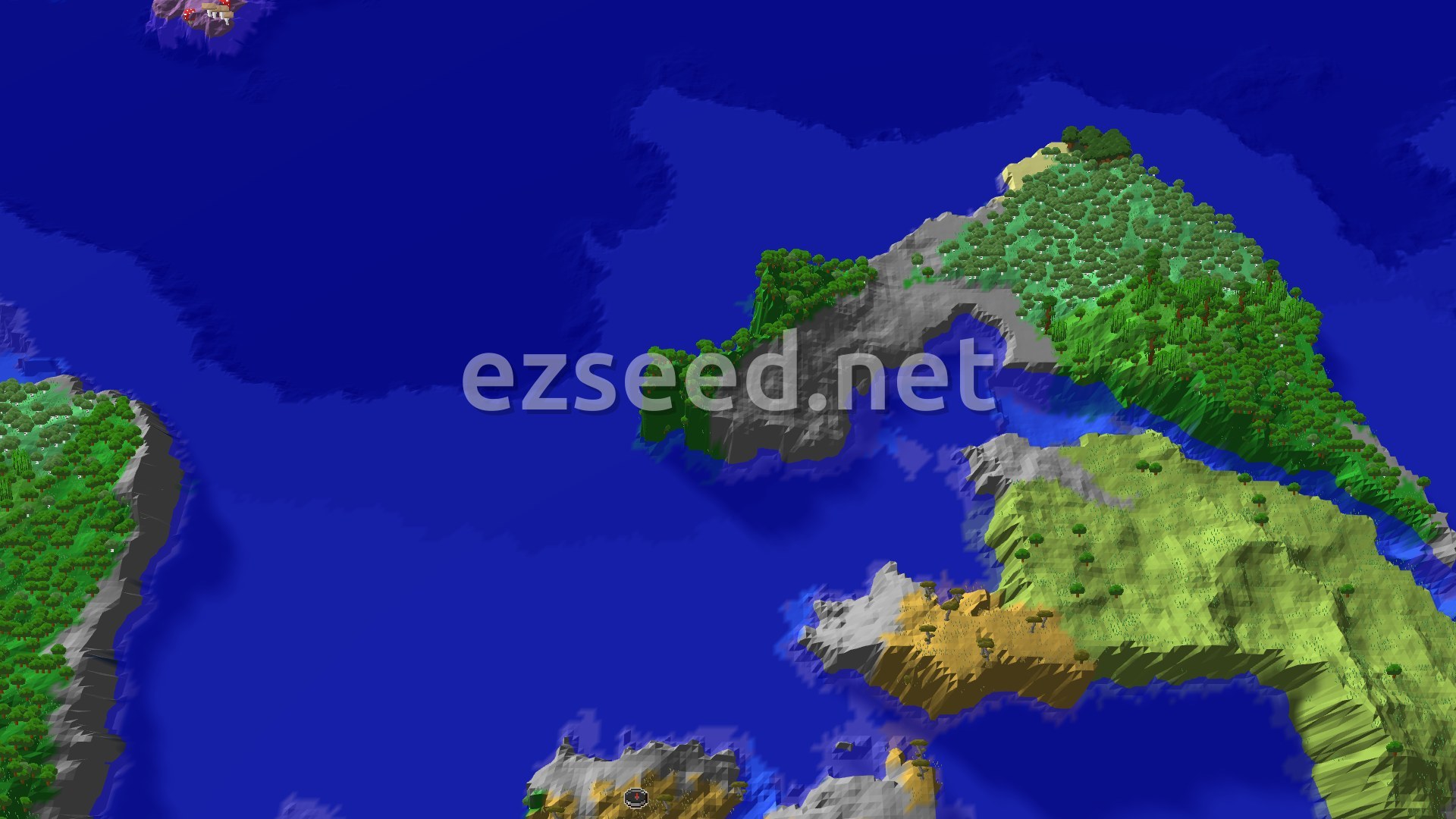 An aerial view of a large, irregular island surrounded by blue ocean. The island features diverse biomes including green forests, light green savanna with scattered trees, and some gray stony shores.
