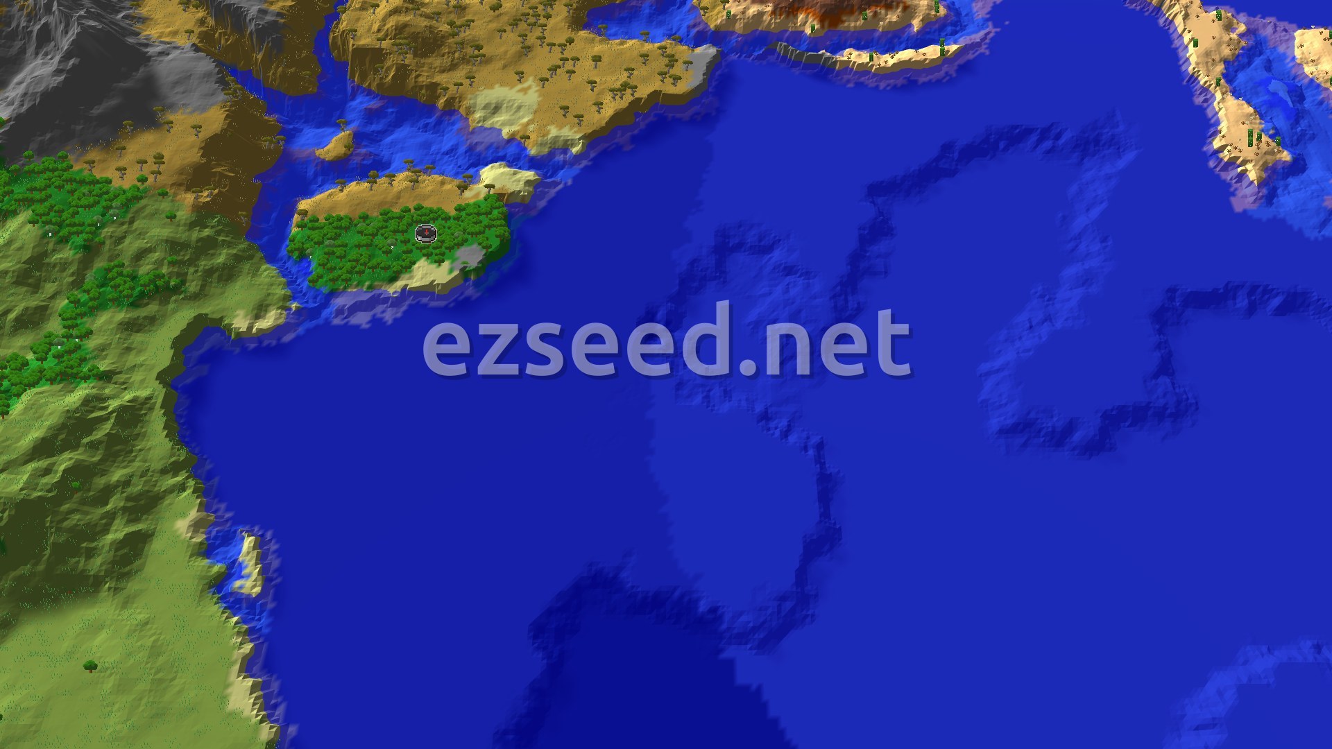 A small island of dense green forest and golden savanna sits in open blue ocean, with a larger savanna coast and hills to the west and north.