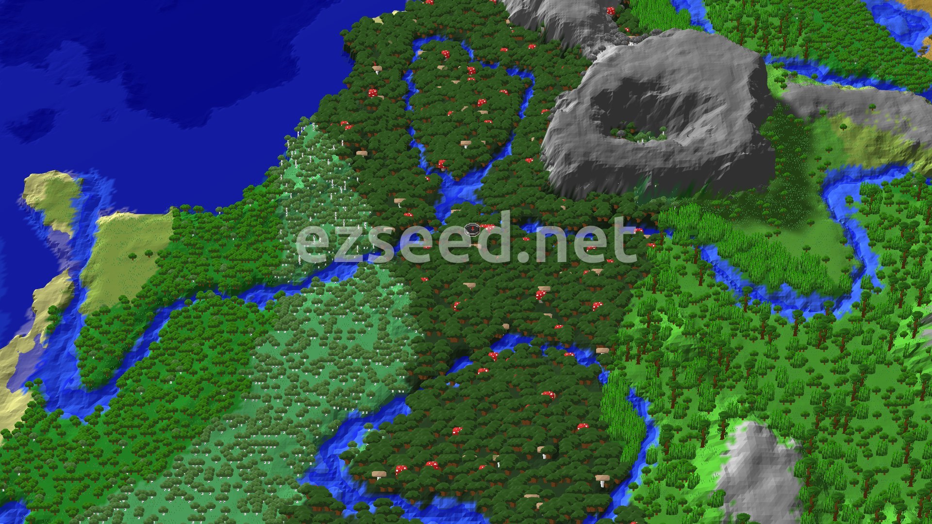A fly-over of dark oak forest dotted with giant mushrooms, split by winding rivers, with pale birch woods to the west and a grey crater-topped hill to the north-east.